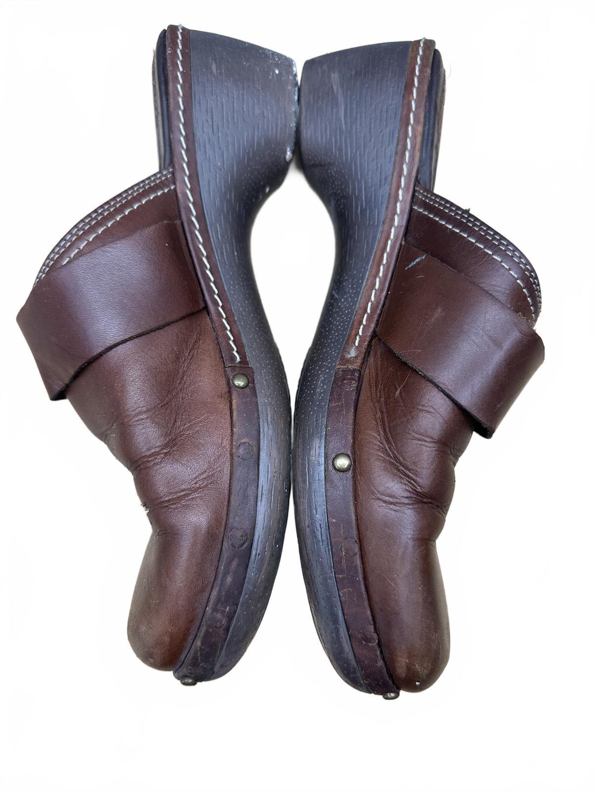 Etienne Aignar Brown Leather Clog Mules Vintage Boho Wooden Wedge Shoes