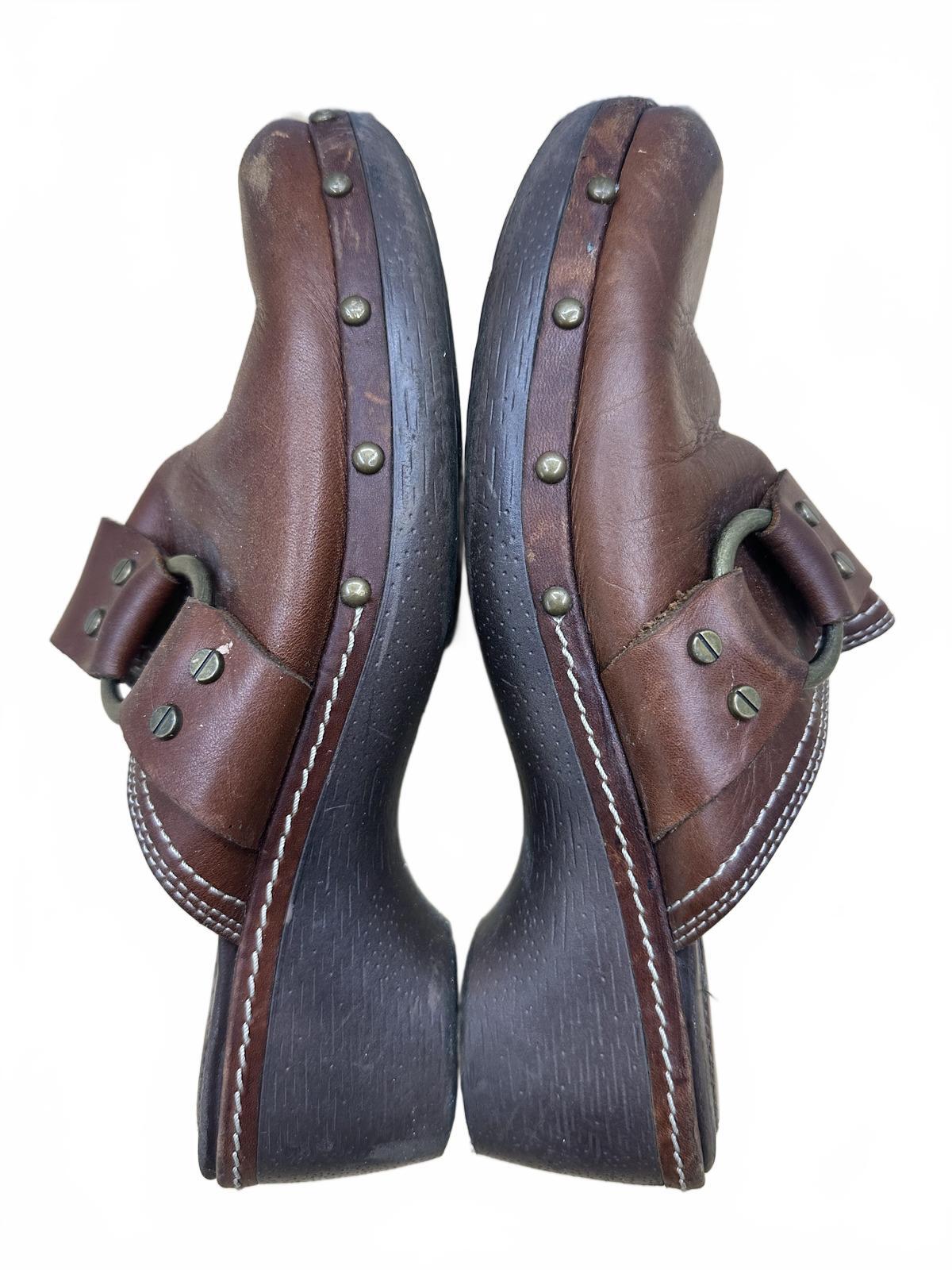 Etienne Aignar Brown Leather Clog Mules Vintage Boho Wooden Wedge Shoes