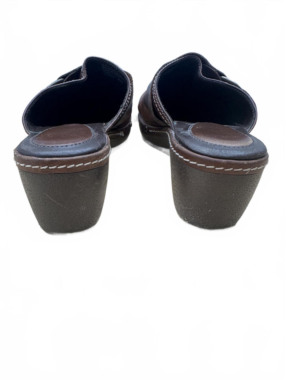 Etienne Aignar Brown Leather Clog Mules Vintage Boho Wooden Wedge Shoes