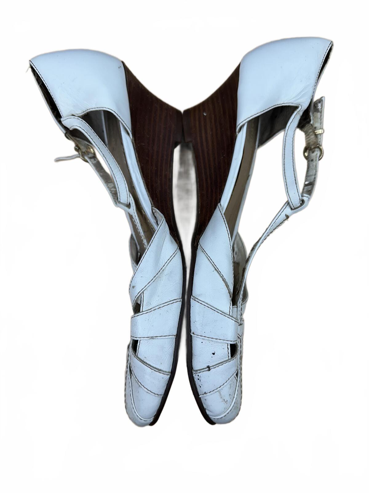 Naturalizer White and Light Blue Leather Wedge Slingback Heels Y2K