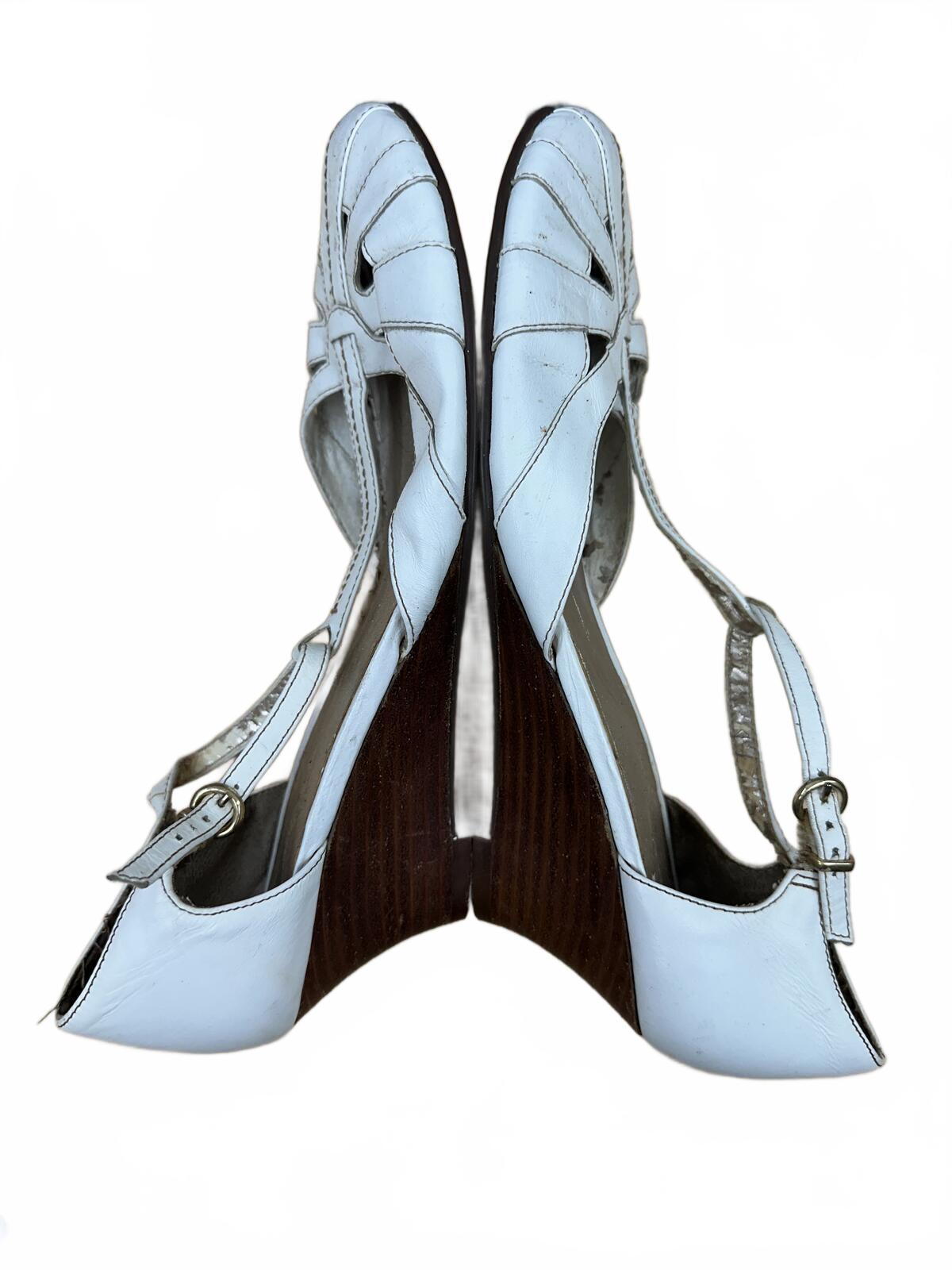 Naturalizer White and Light Blue Leather Wedge Slingback Heels Y2K