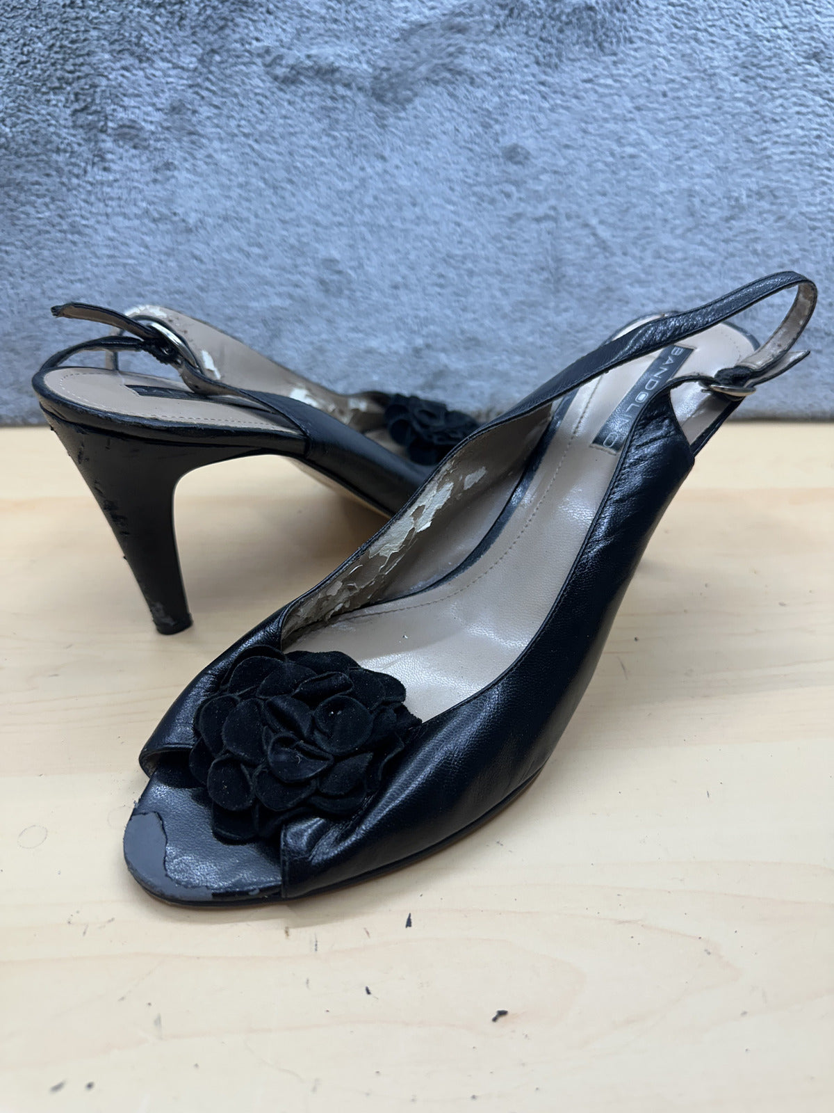 Bandolino Black Leather Slingback Heels with Floral Accent Vintage Style