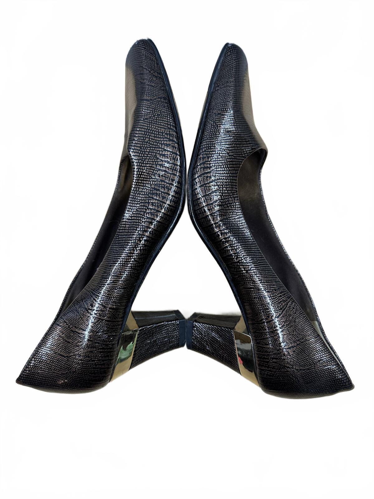 J. Renee Black Textured Kitten Heel Pumps with Gold Detail