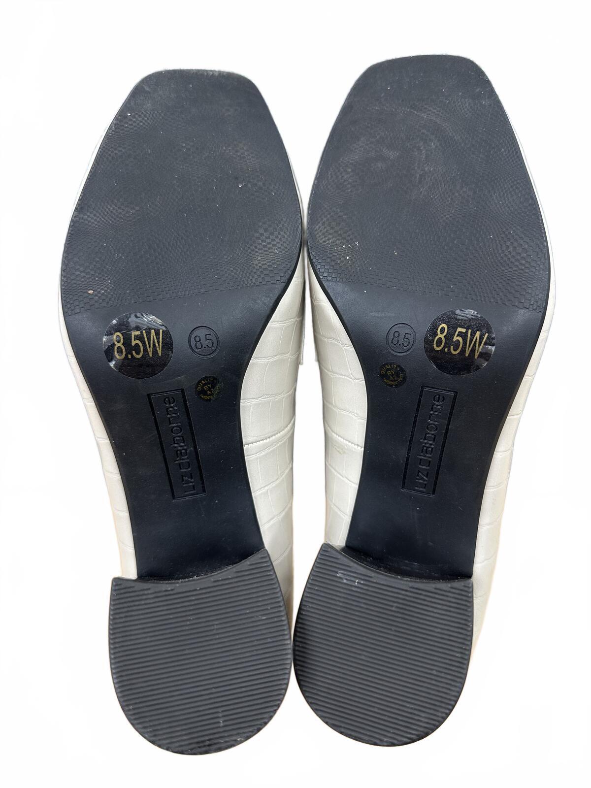Liz Claiborne White Croc Embossed Loafer Pumps with Gold Horsebit and Block Heel