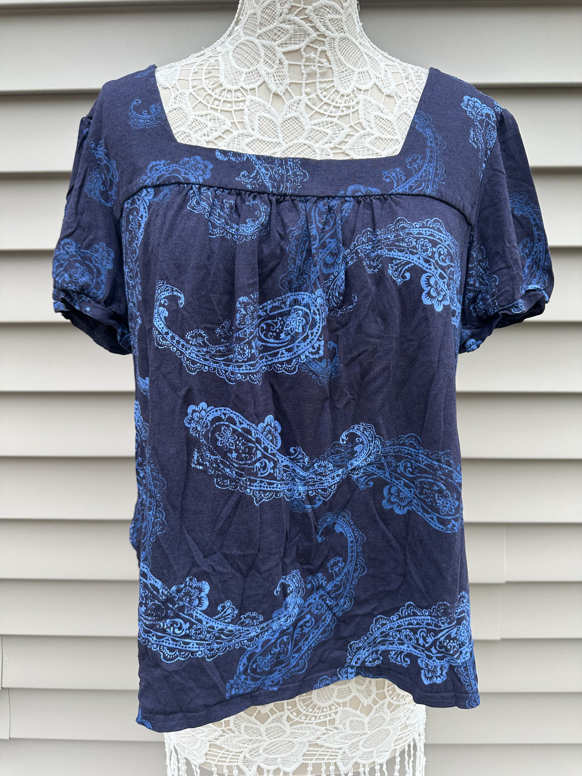 Vintage Blue Paisley Blouse Square Neck Puff Sleeve