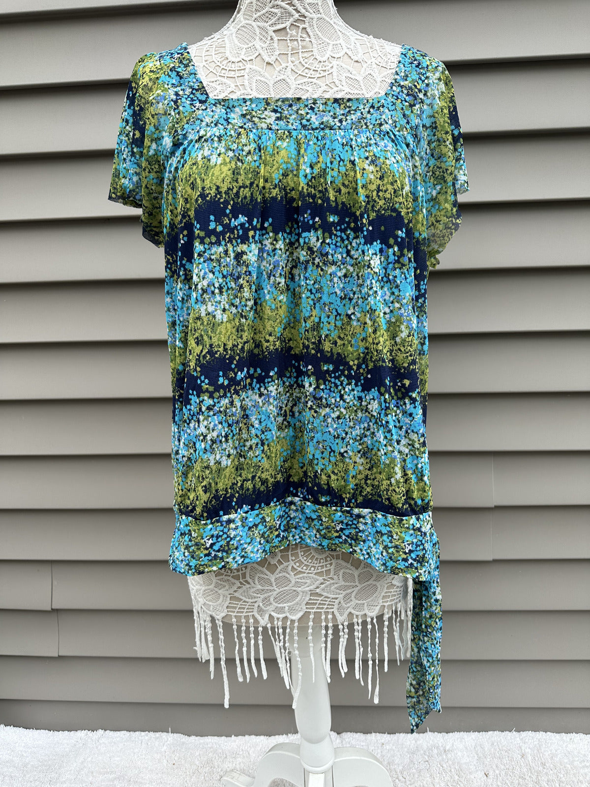 Apt 9 Blue Square Neck Tie Side Blouse with Flutter Sleeves