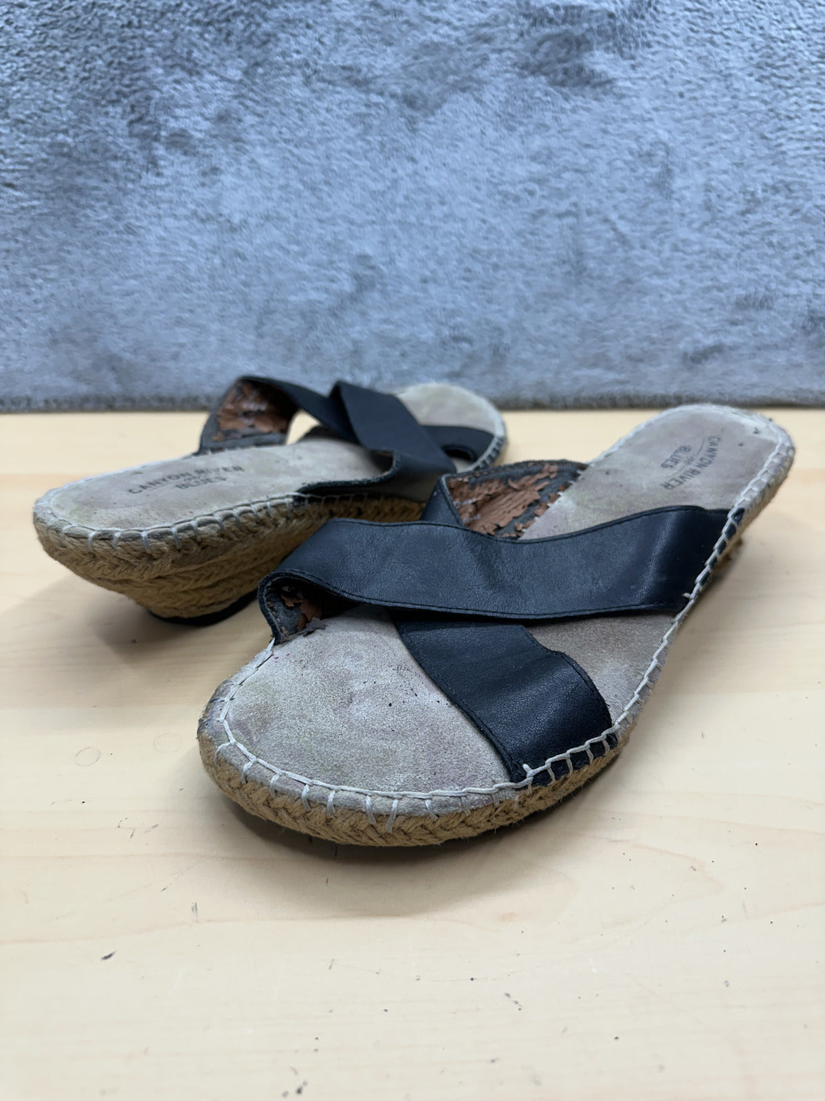 Canyon River Blues Black Espadrille Slide Sandals Natural Jute Wedge