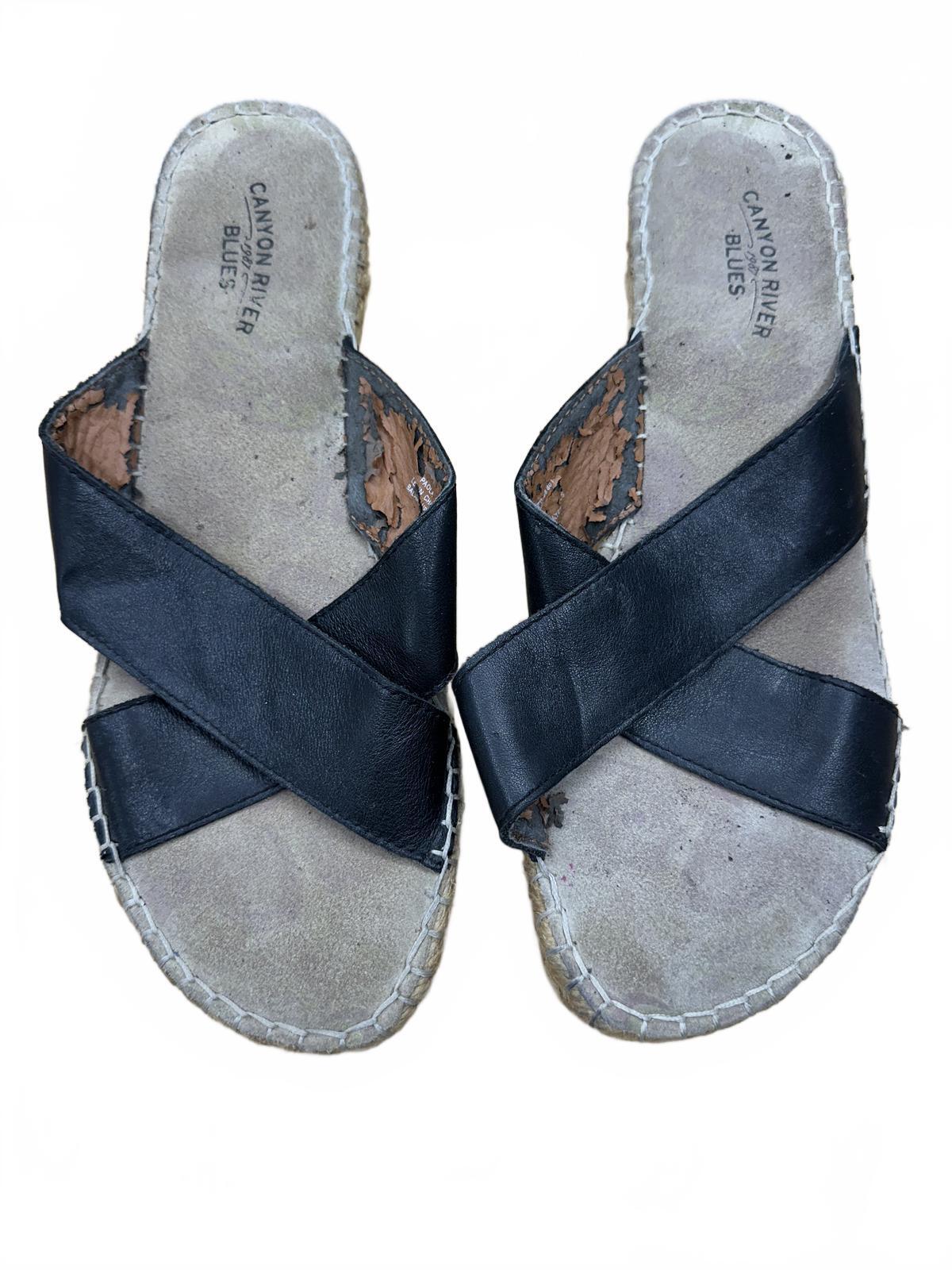 Canyon River Blues Black Espadrille Slide Sandals Natural Jute Wedge