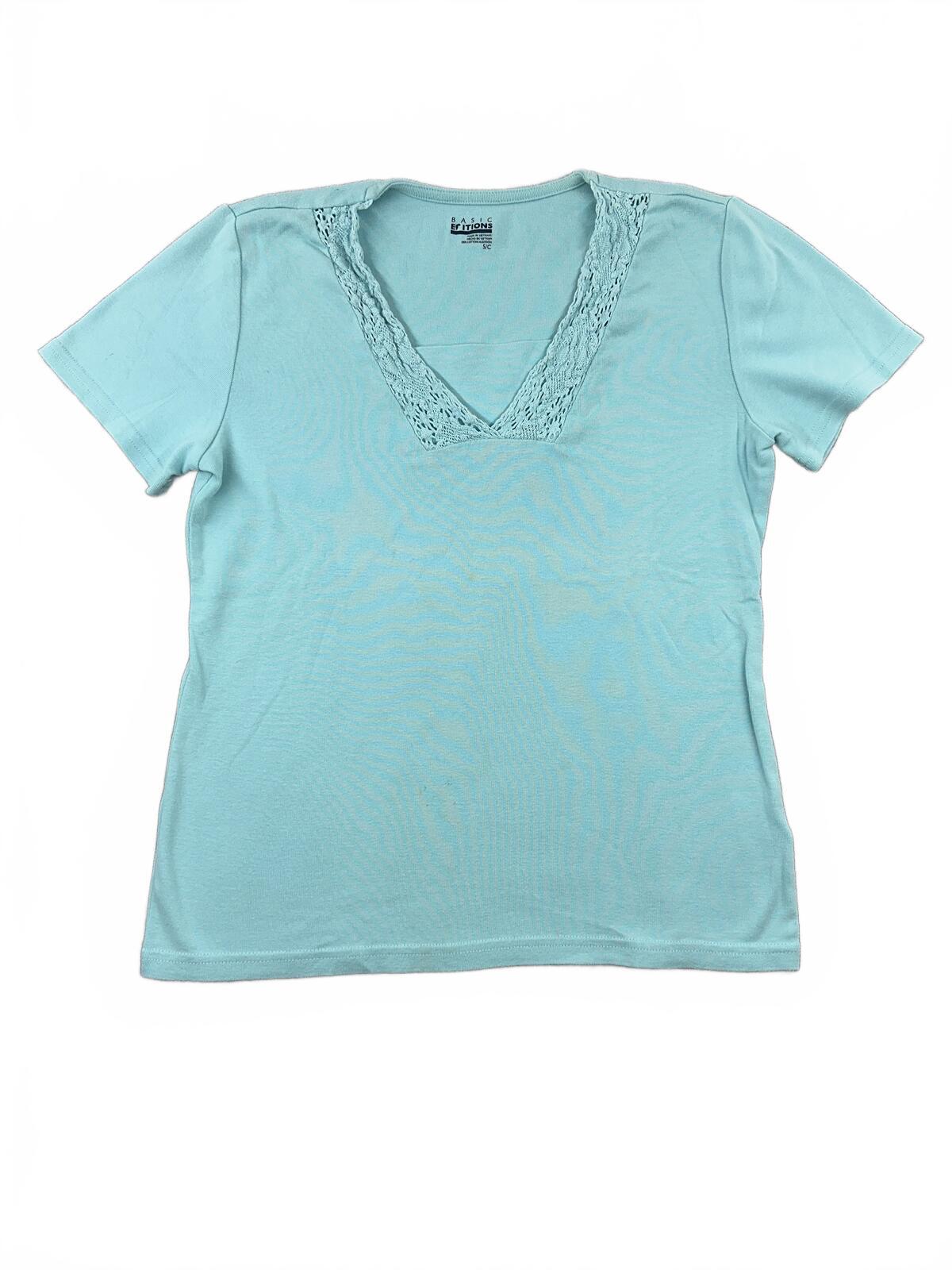 Basic Editions Light Blue Cotton Tee with Lace V-Neck Soft Pastel Feminine