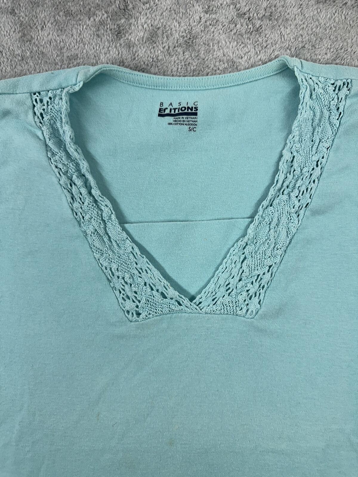 Basic Editions Light Blue Cotton Tee with Lace V-Neck Soft Pastel Feminine