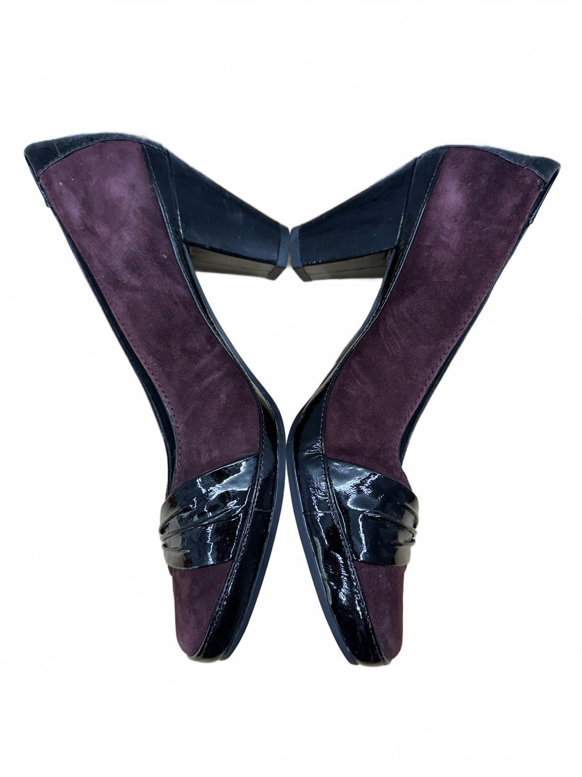Clarks Burgundy Suede Pumps with Black Patent Leather Trim Classic