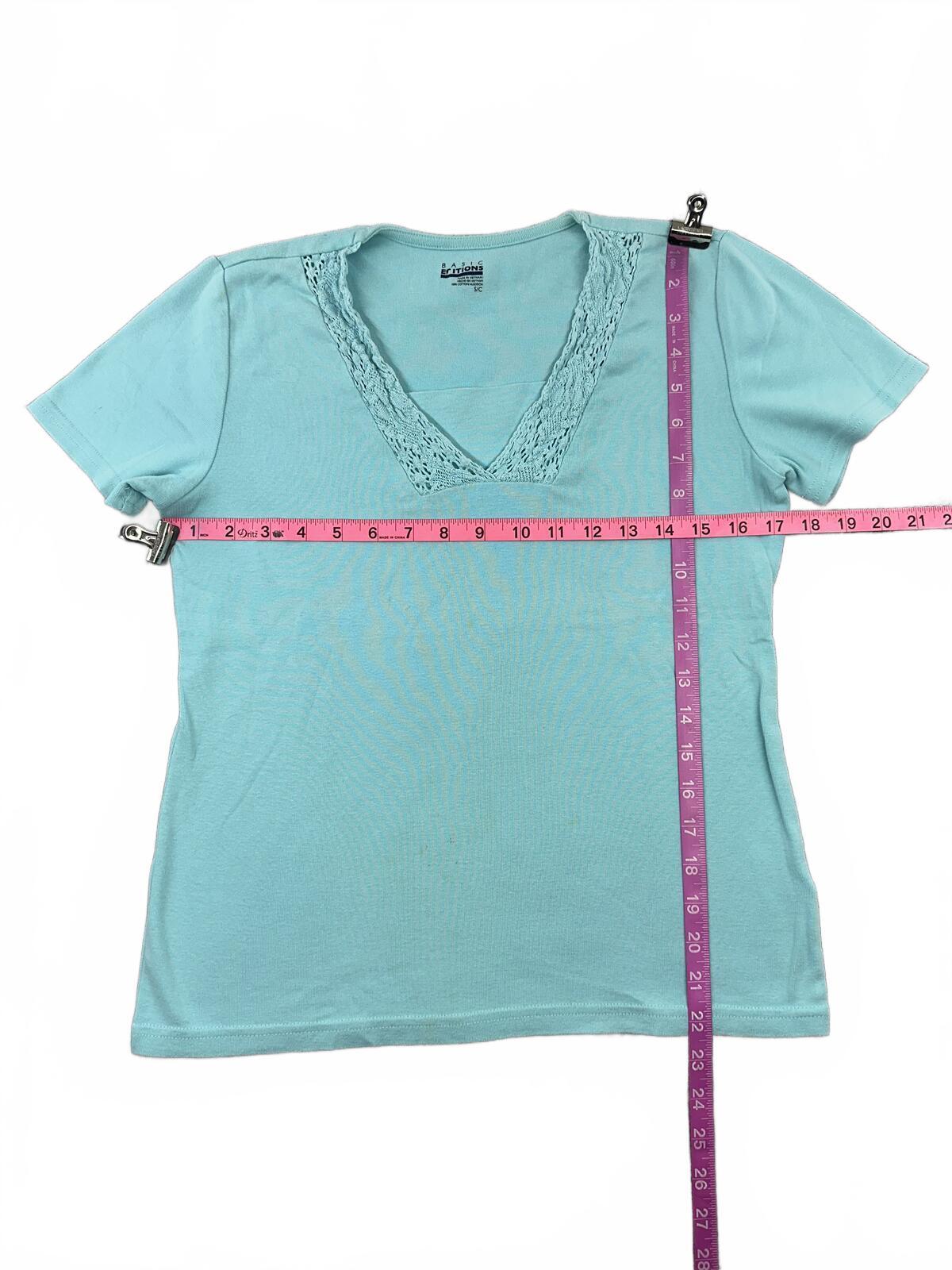 Basic Editions Light Blue Cotton Tee with Lace V-Neck Soft Pastel Feminine
