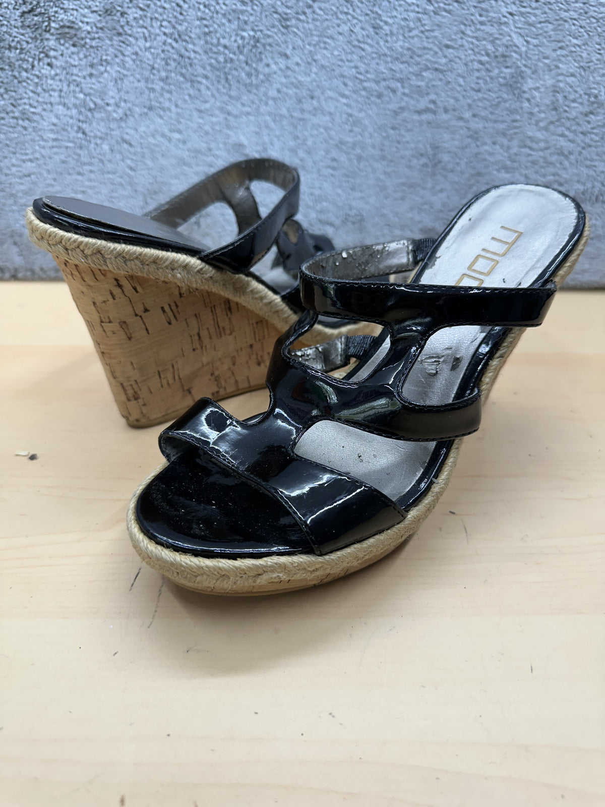 Moda Black Patent Cork Wedge Sandals Wedges