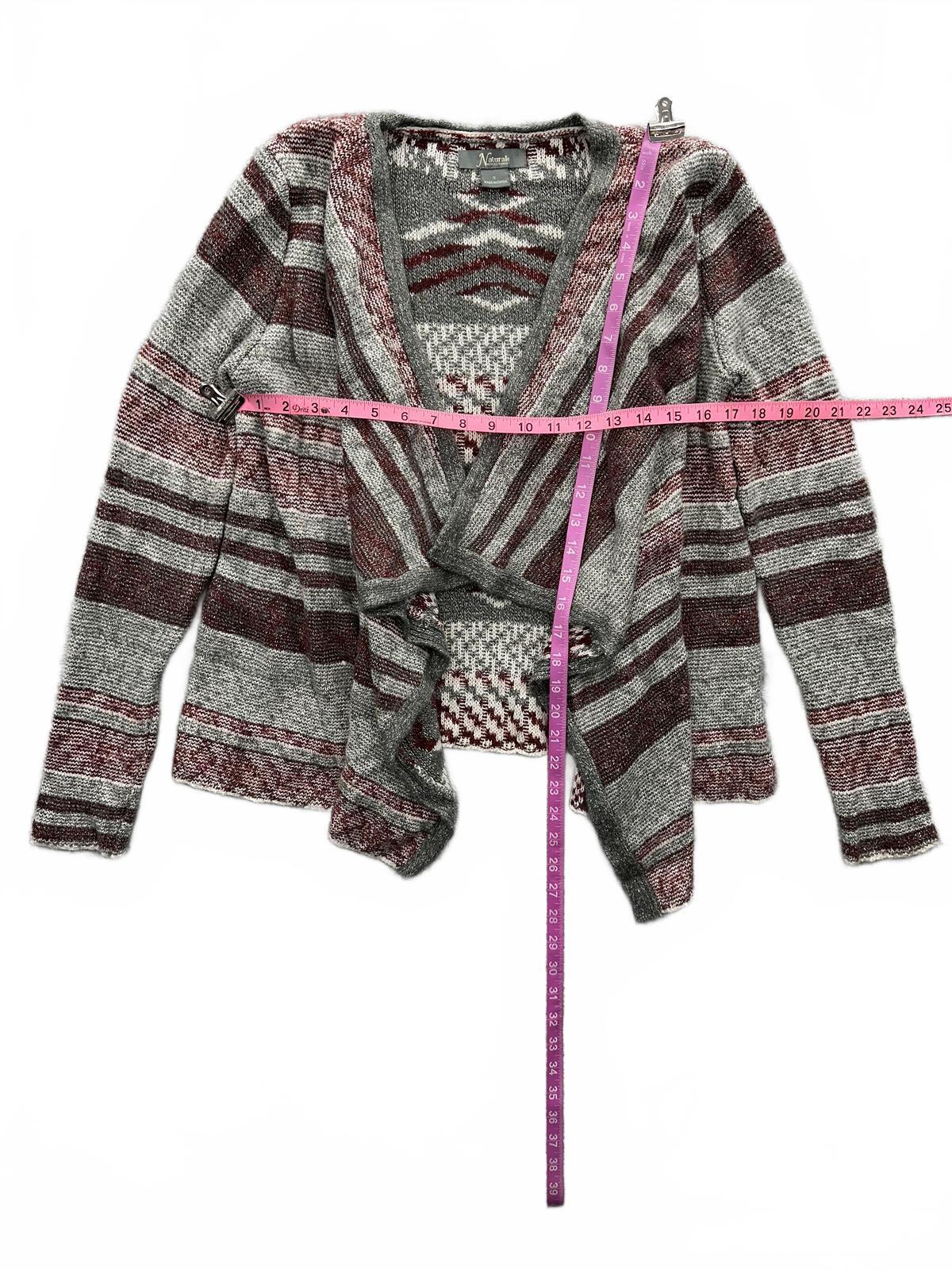 Natural Reflections Cozy Striped Cardigan Sweater in Gray and Burgundy