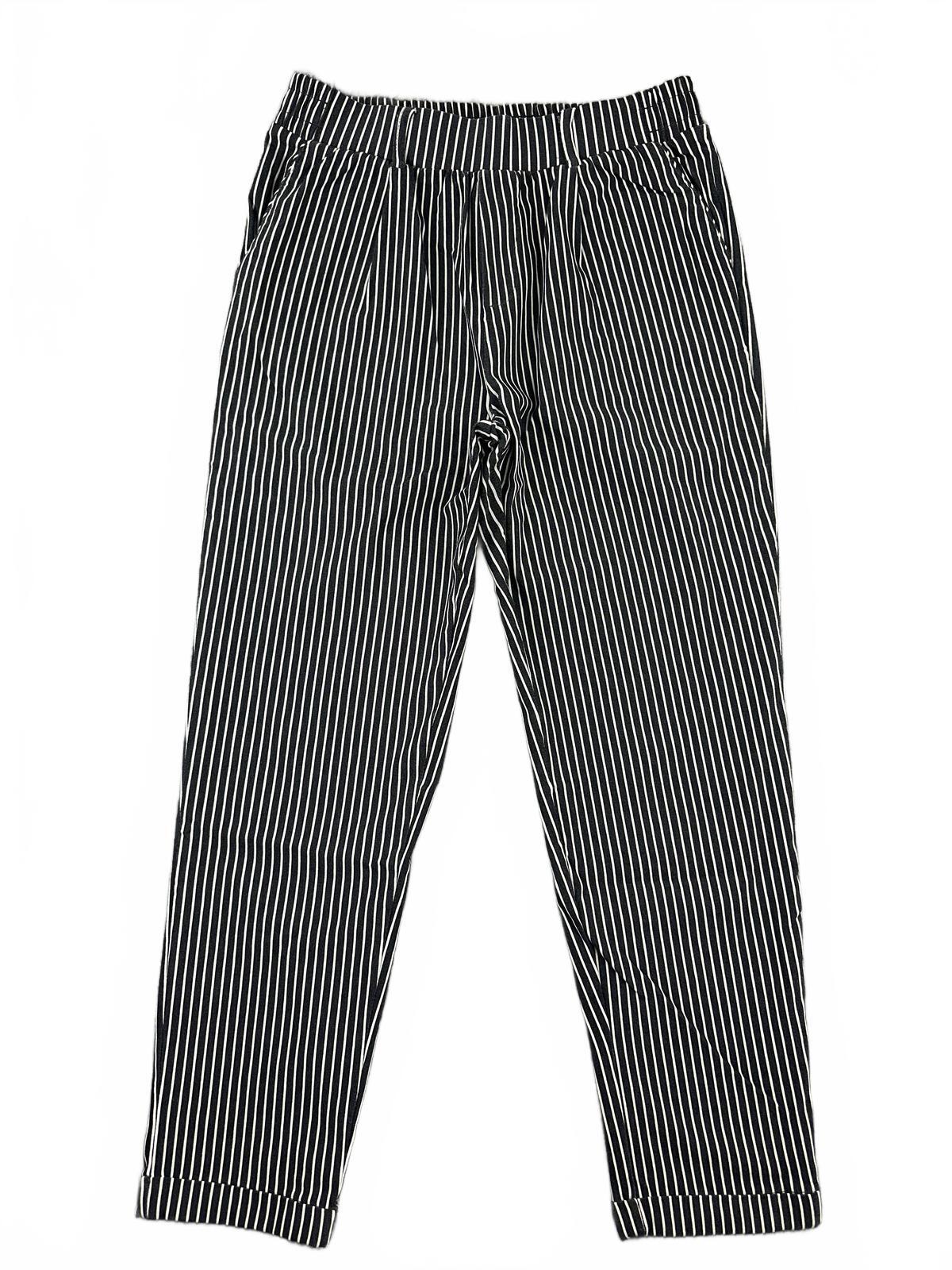 Shinestar Black and White Pinstripe Trousers with Elastic Waistband