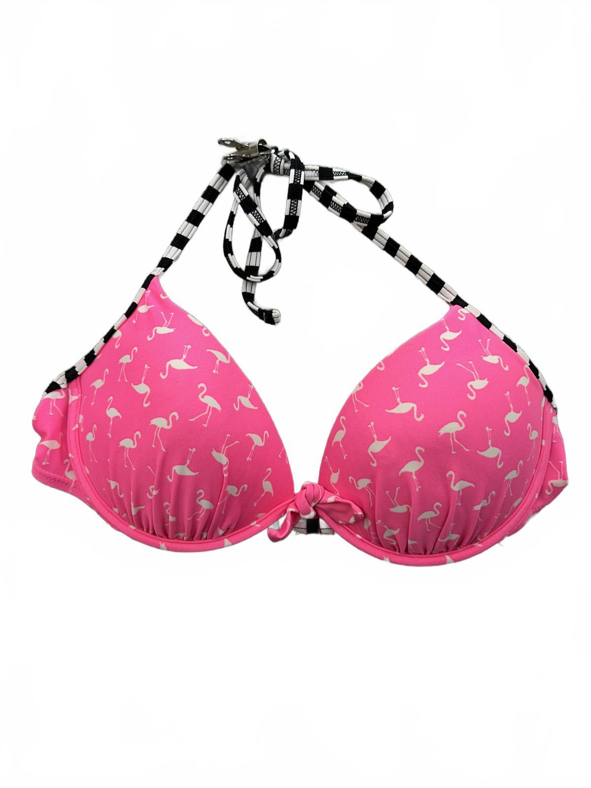 SO Pink Flamingo Print Bikini Top with Black and White Striped Halter Neck