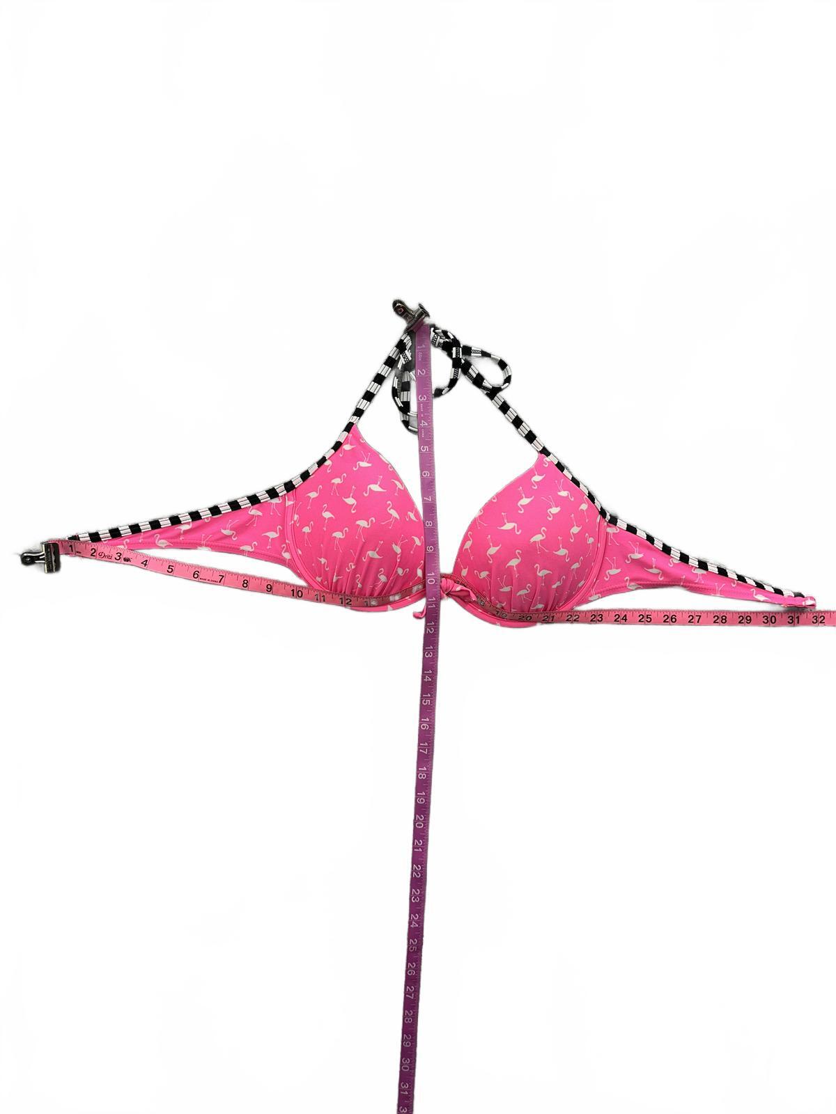 SO Pink Flamingo Print Bikini Top with Black and White Striped Halter Neck