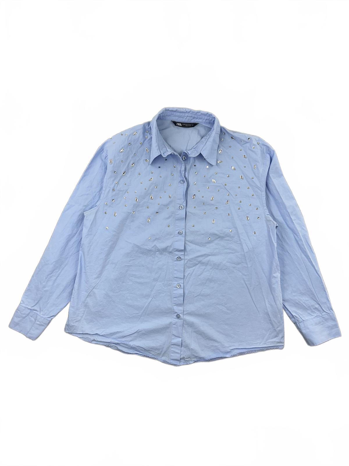 ZARA Light Blue Embellished Button Up Shirt with Silver Sparkle Details