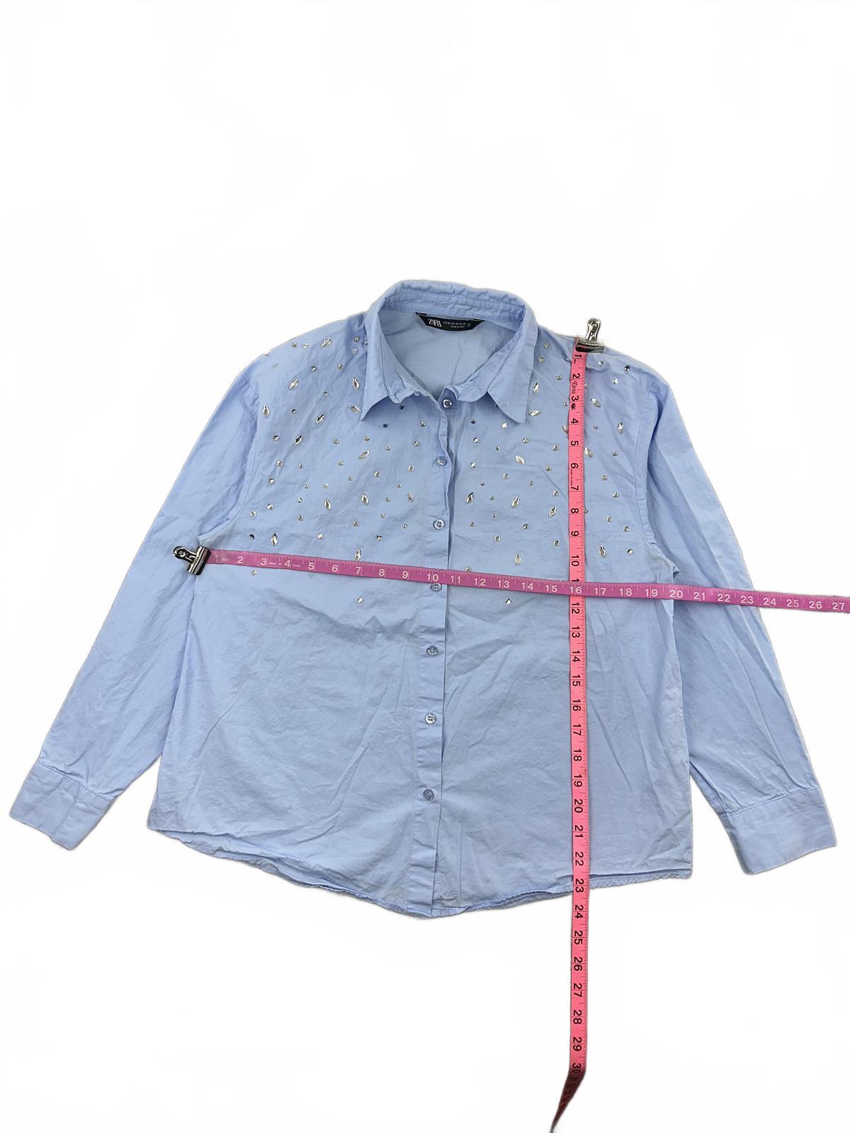 ZARA Light Blue Embellished Button Up Shirt with Silver Sparkle Details