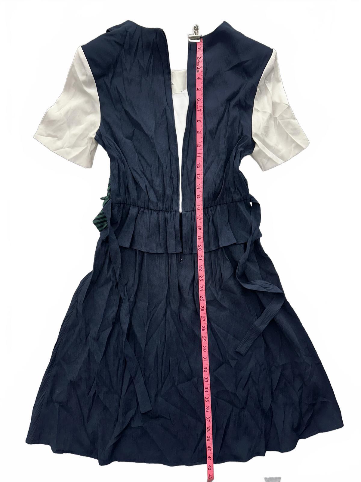 Miss Dorby Vintage Green Striped Vest Dress with Navy Skirt and White Sleeves