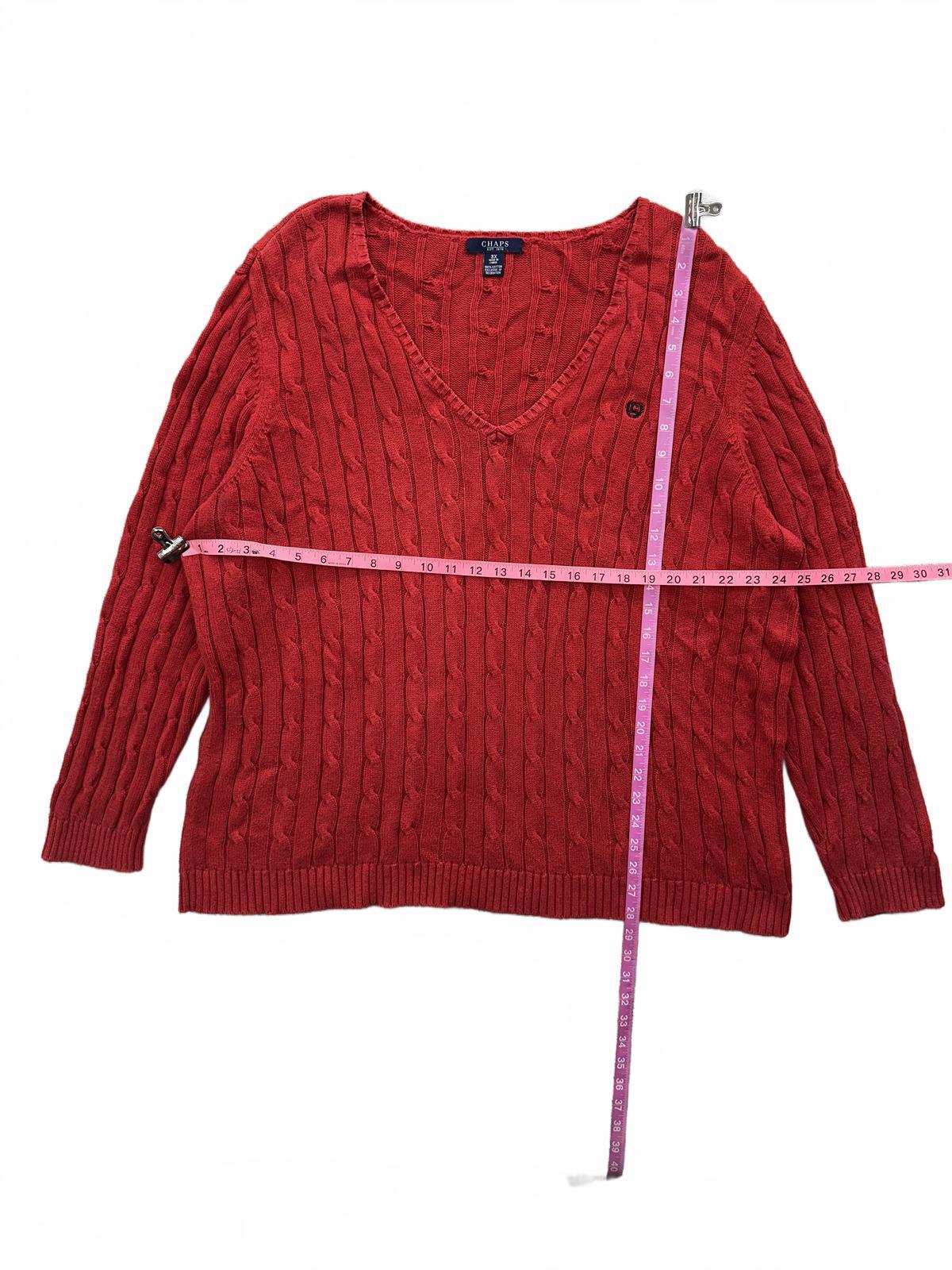 Chaps Red Cable Knit V Neck Sweater Cozy Classic
