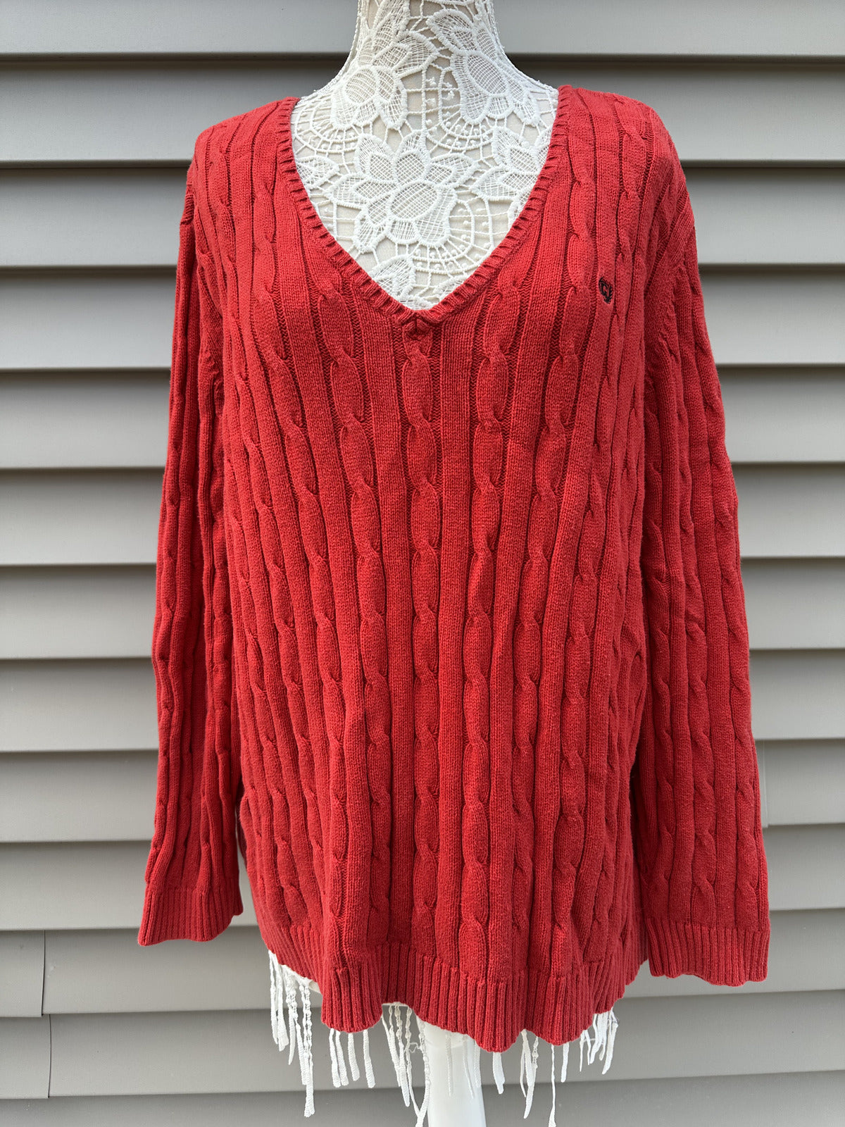 Chaps Red Cable Knit V Neck Sweater Cozy Classic
