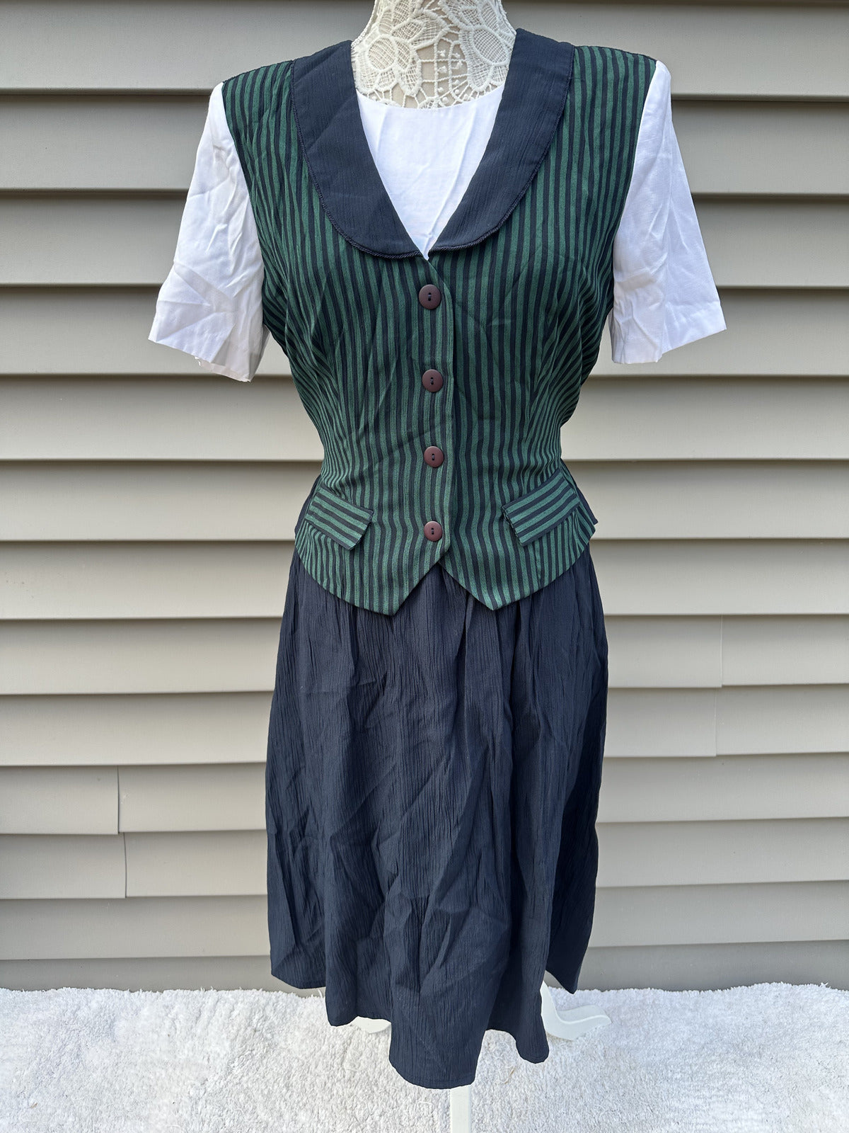 Miss Dorby Vintage Green Striped Vest Dress with Navy Skirt and White Sleeves