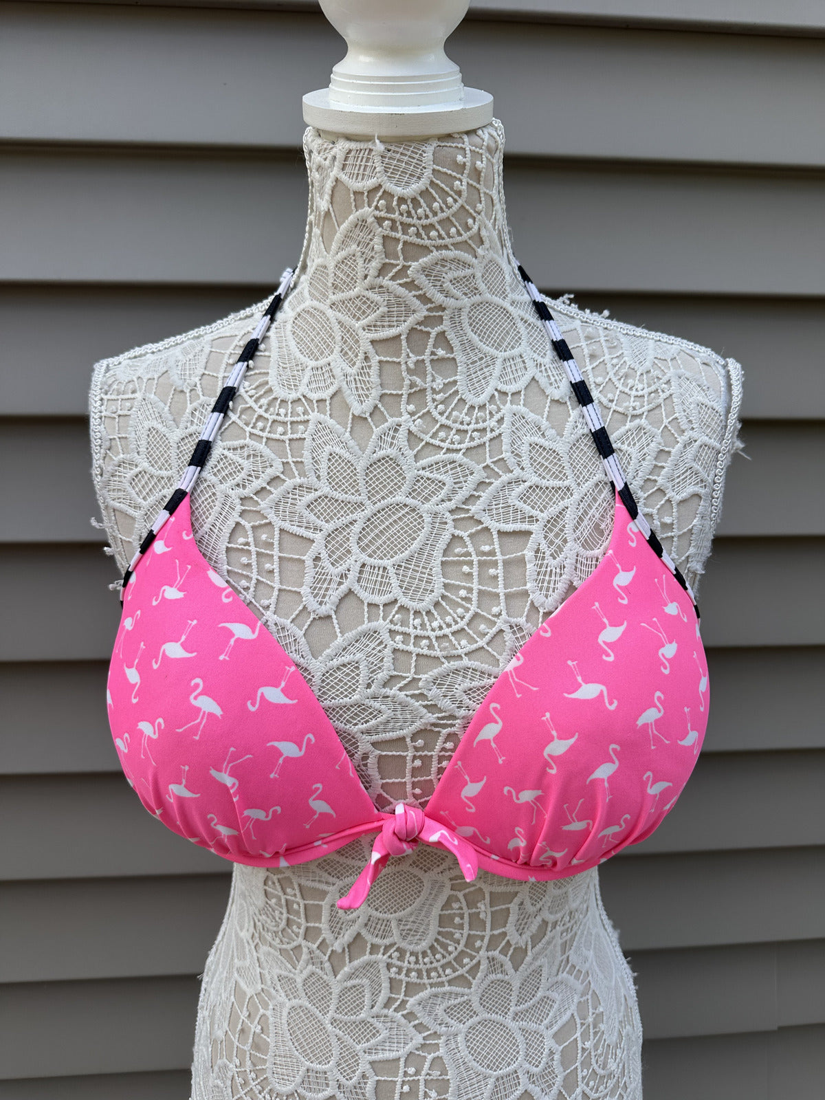 SO Pink Flamingo Print Bikini Top with Black and White Striped Halter Neck