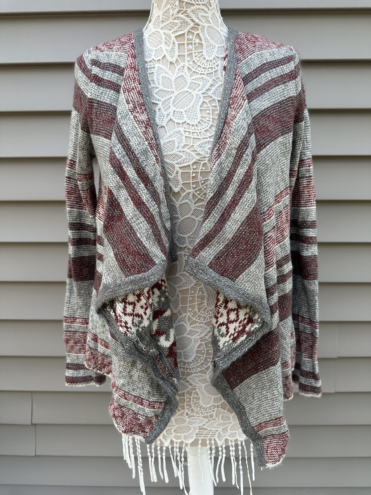 Natural Reflections Cozy Striped Cardigan Sweater in Gray and Burgundy