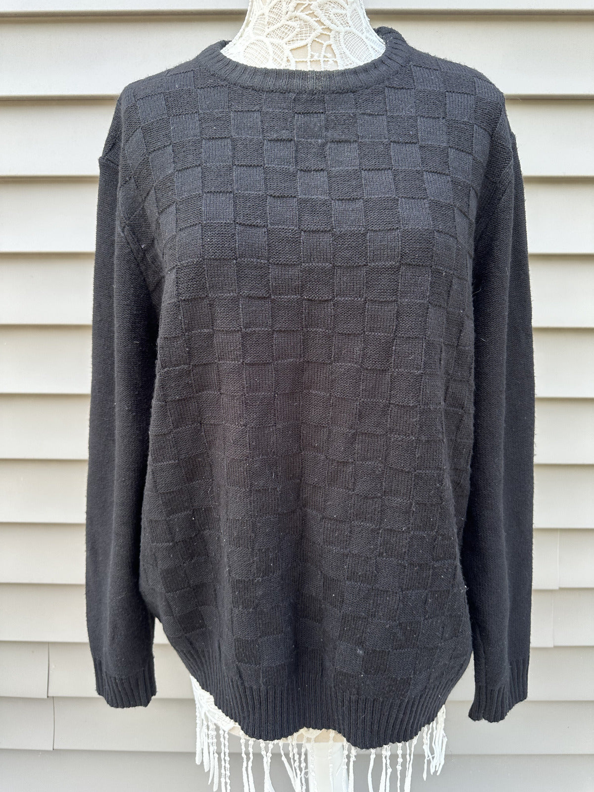 Geoffrey Beene Classic Black Textured Checkerboard Crew Neck Sweater