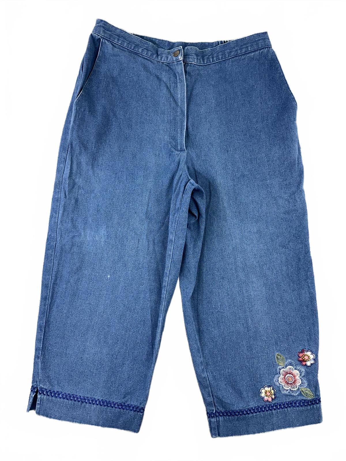 Alfred Dunner Vintage Embroidered Denim Capri Pants with Floral Detail and Relax