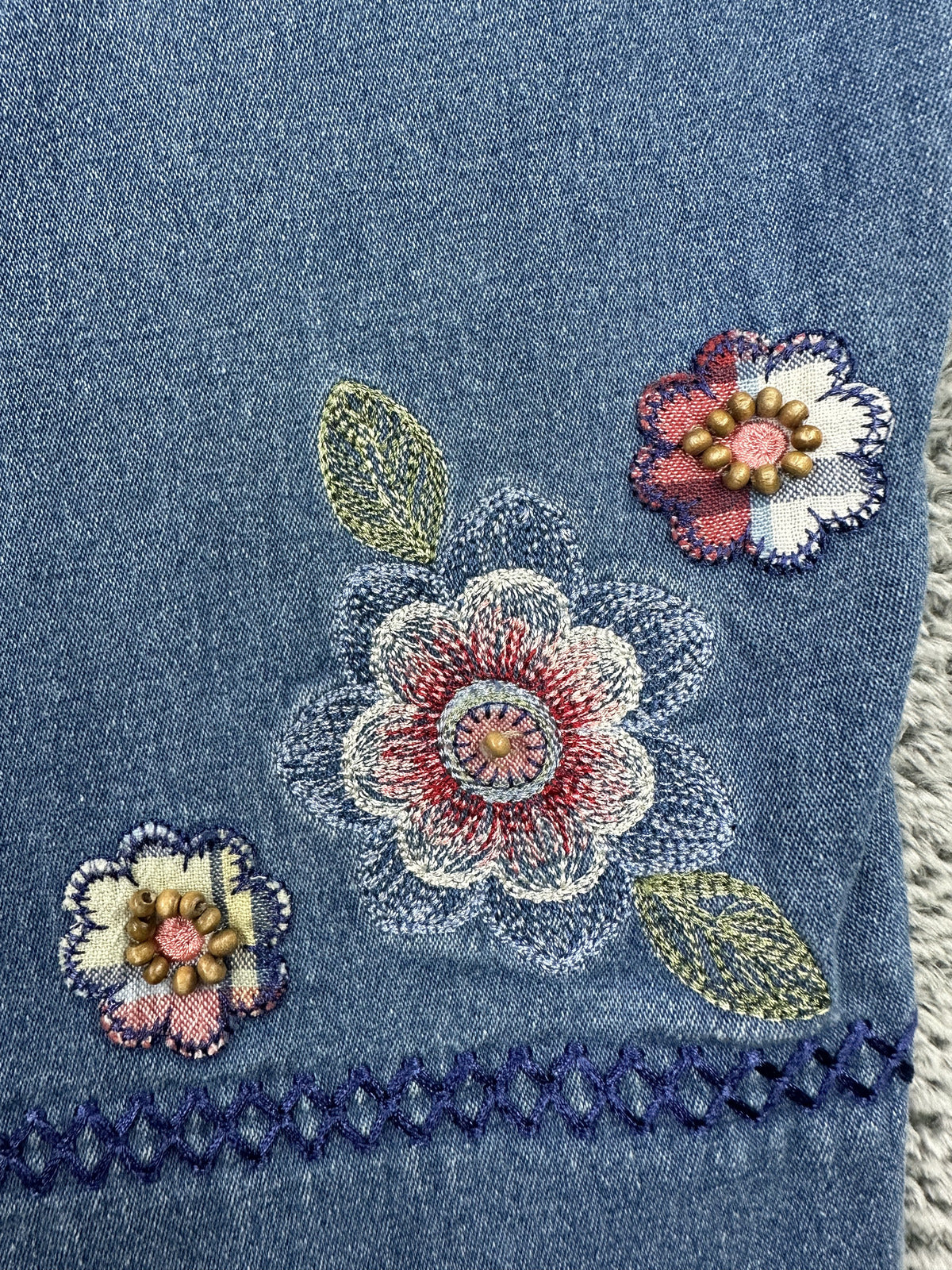 Alfred Dunner Vintage Embroidered Denim Capri Pants with Floral Detail and Relax
