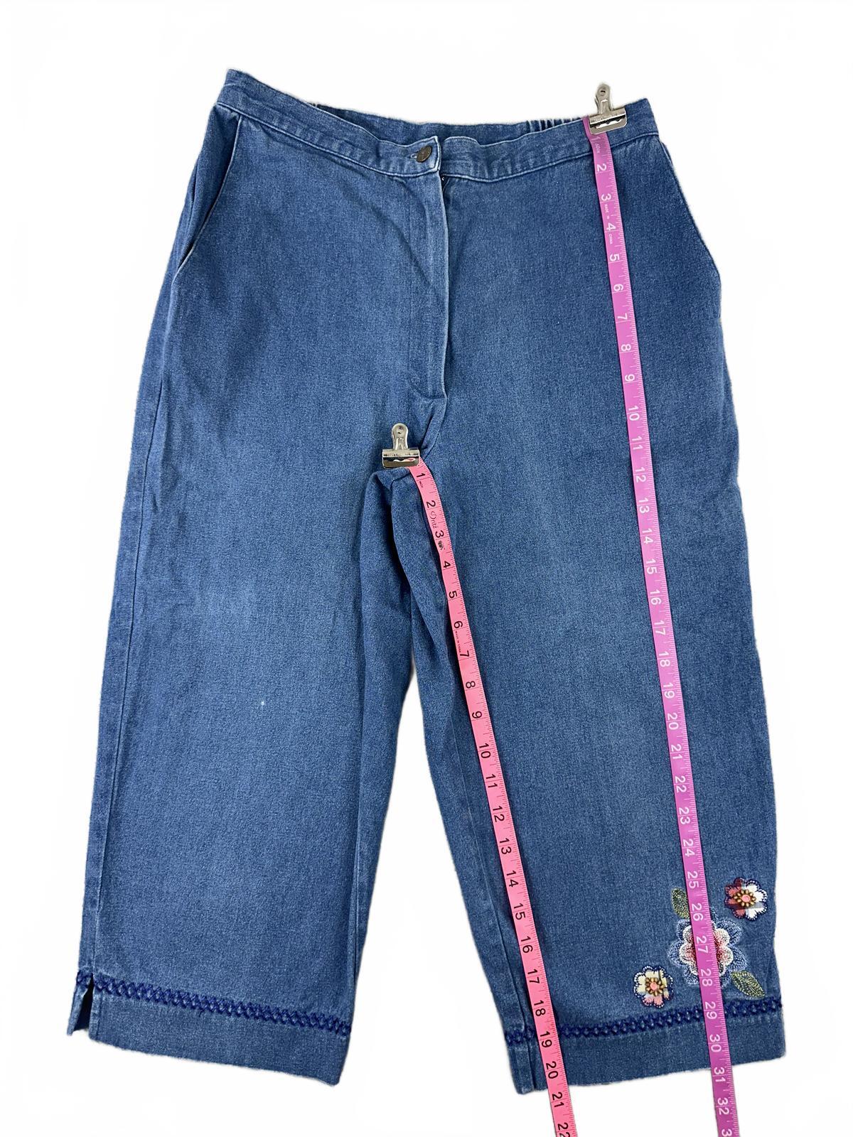 Alfred Dunner Vintage Embroidered Denim Capri Pants with Floral Detail and Relax