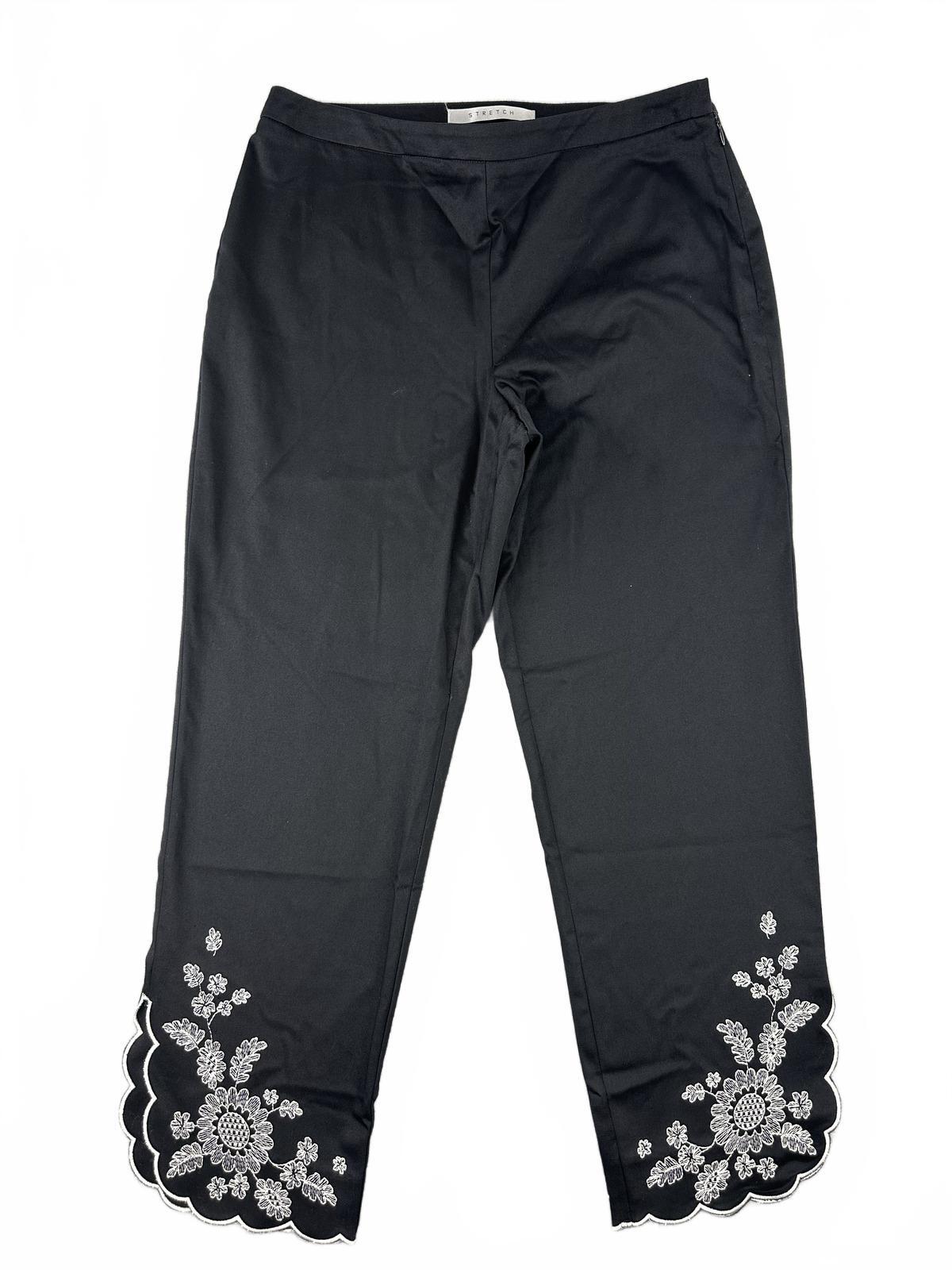 Nine & Co. Black Cropped Pants with White Floral Embroidery and Scalloped Hems