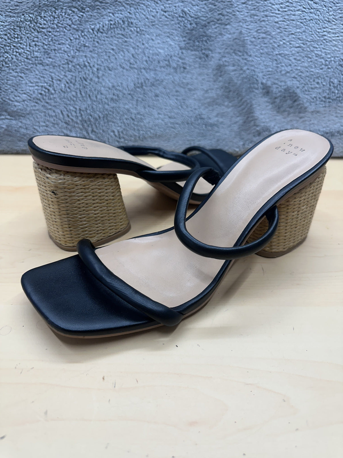 A New Day Black Strappy Sandals with Woven Block Heel