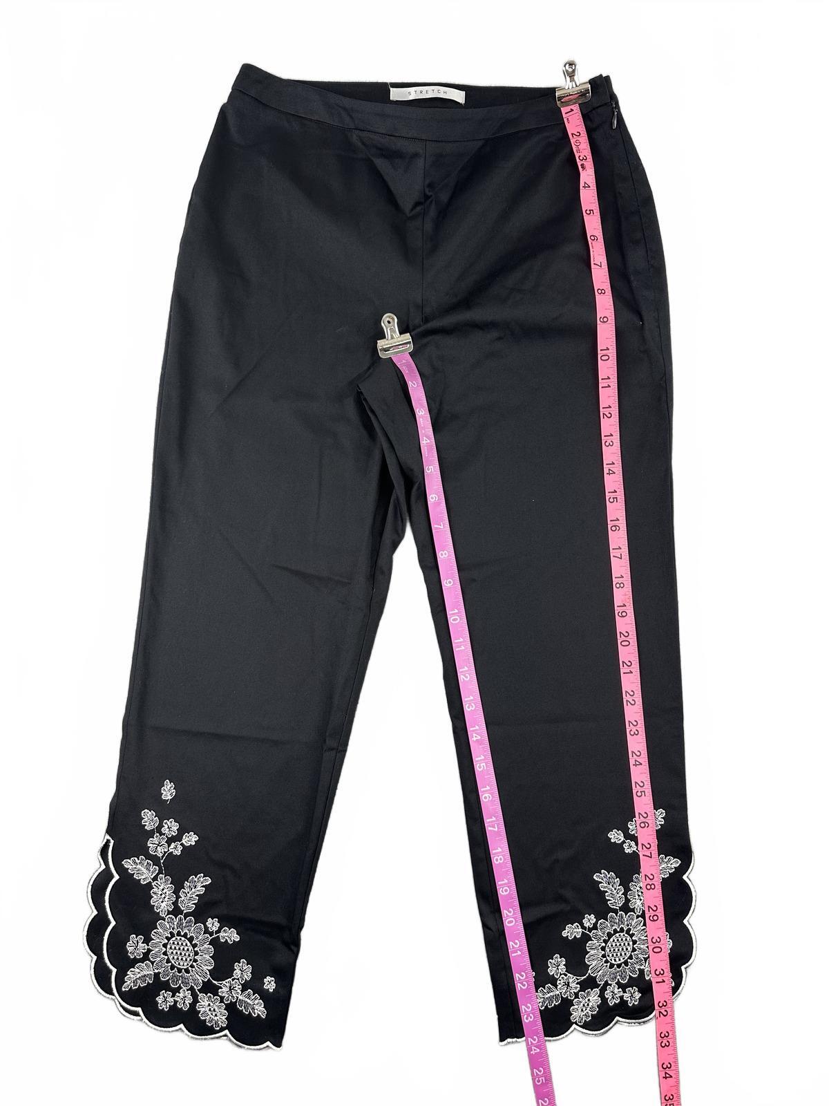 Nine & Co. Black Cropped Pants with White Floral Embroidery and Scalloped Hems