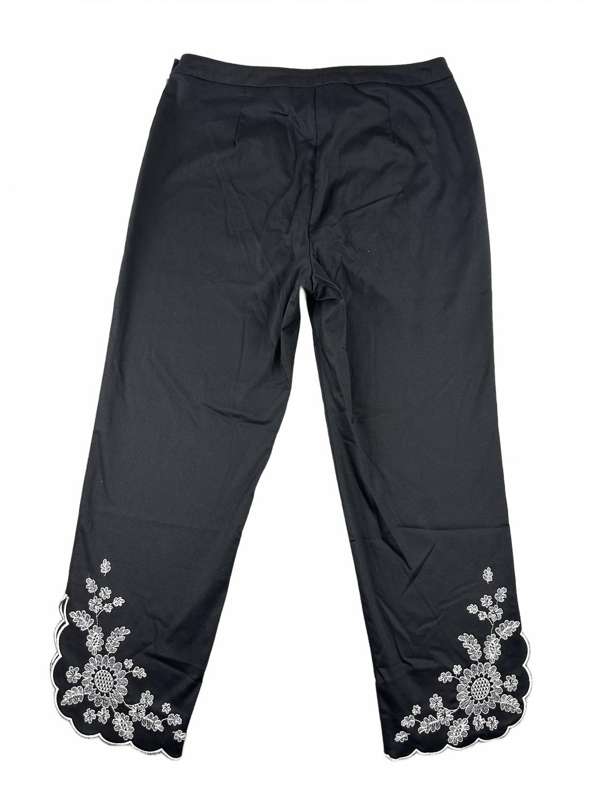Nine & Co. Black Cropped Pants with White Floral Embroidery and Scalloped Hems