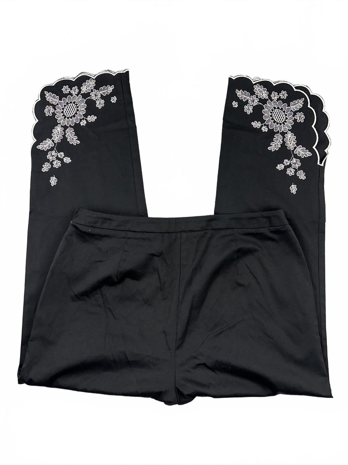 Nine & Co. Black Cropped Pants with White Floral Embroidery and Scalloped Hems