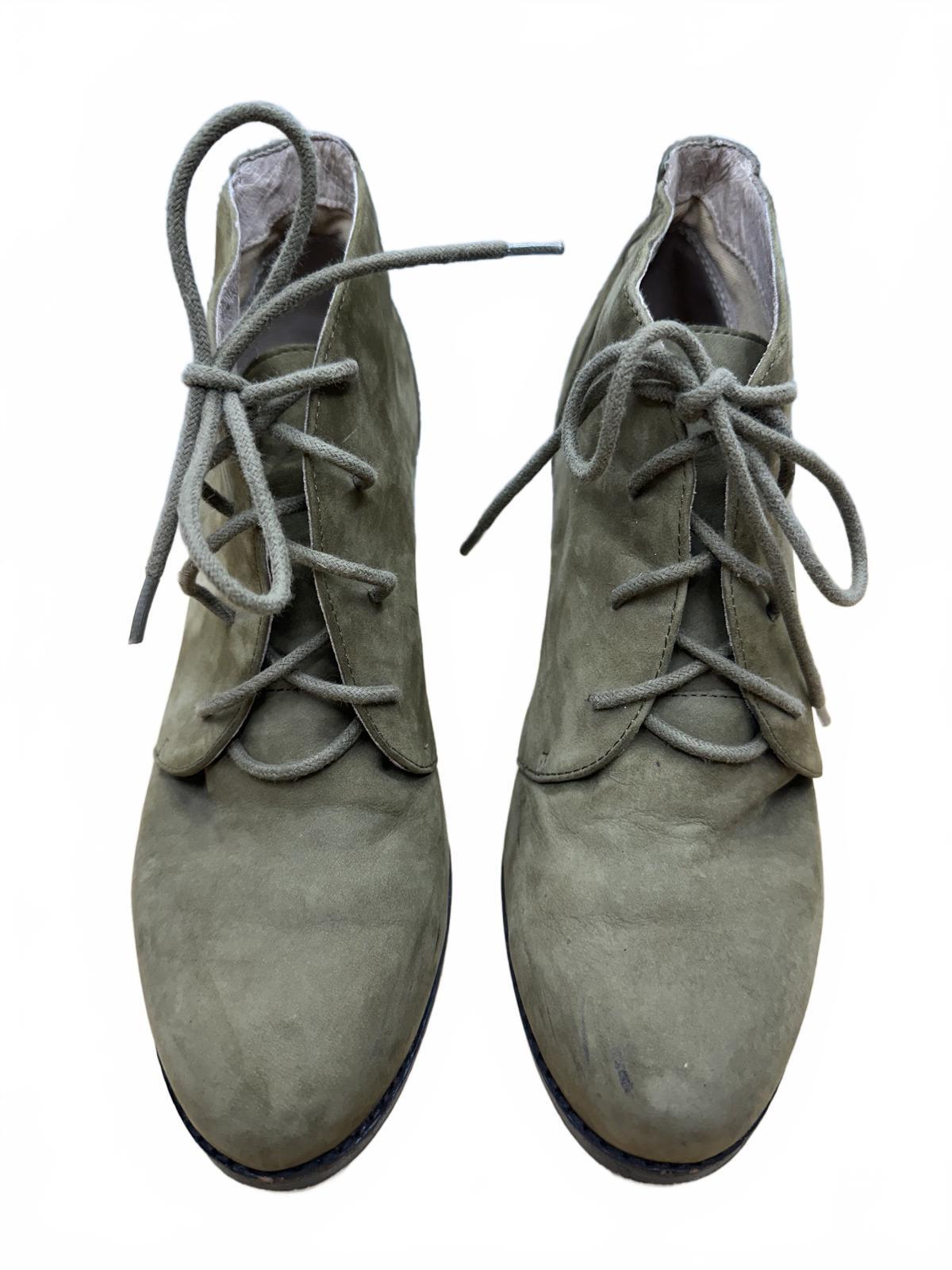 Lands' End Olive Green Suede Ankle Boots with Block Heel and Lace Up Design
