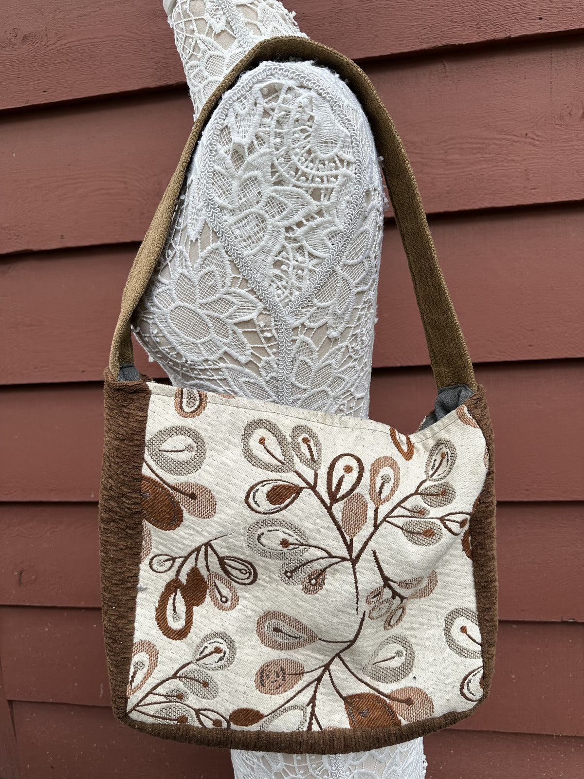 Handmade Bohemian Brown and Cream Floral Tote Bag