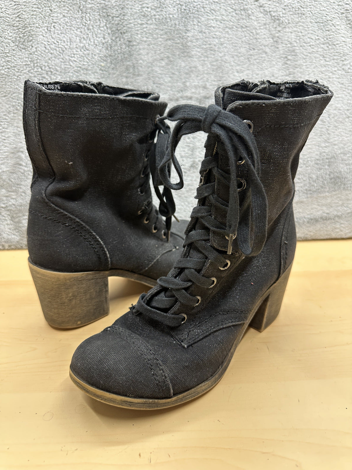 Rock & Candy Black Lace Up Ankle Combat Boots with Block Heel Vintage Style