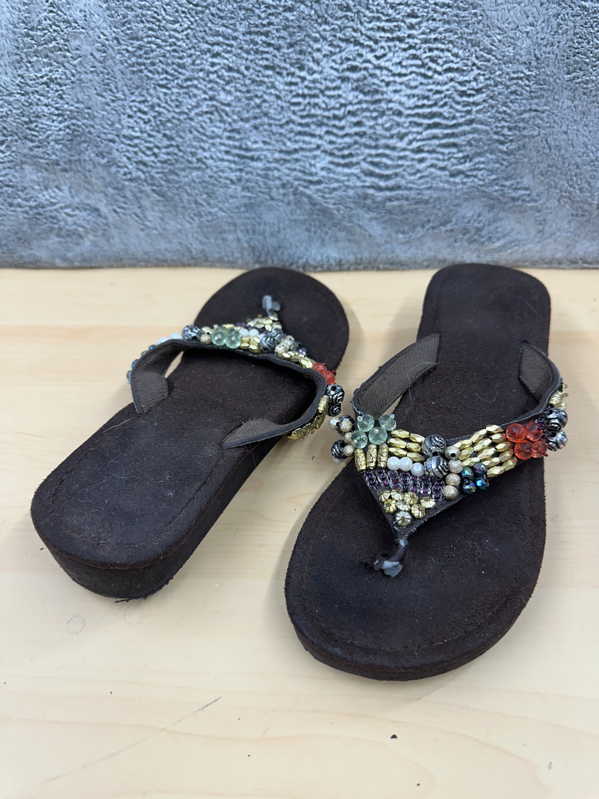 Bohemian Platform Beaded Flip Flop Sandals Brown Multicolor Floral Y2K