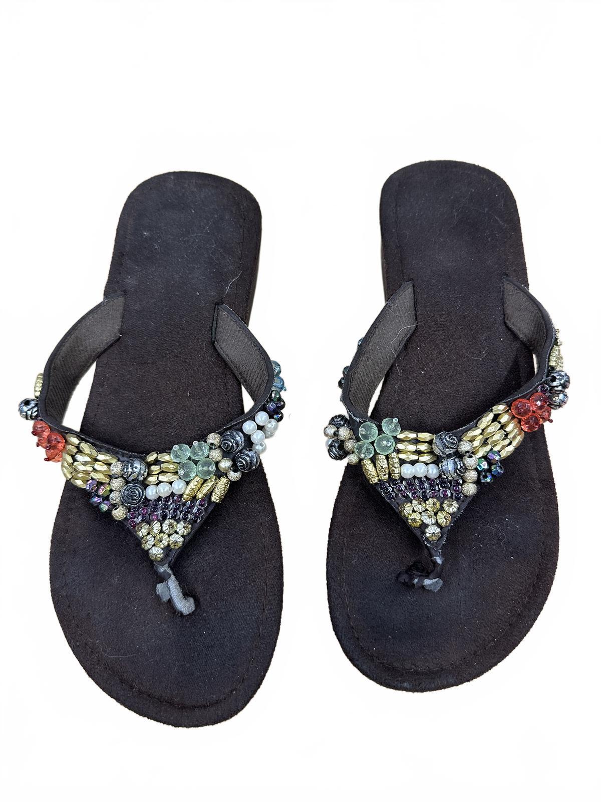 Bohemian Platform Beaded Flip Flop Sandals Brown Multicolor Floral Y2K