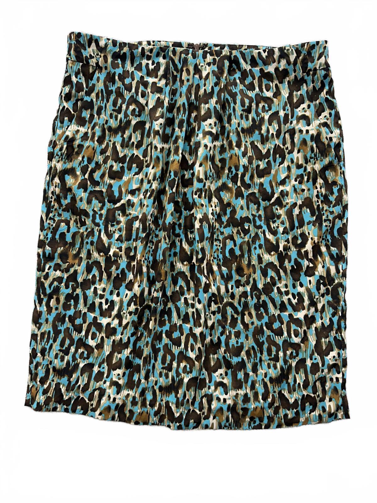 Ellen Tracy Leopard Print Midi Skirt Blue Brown Black Animal Print