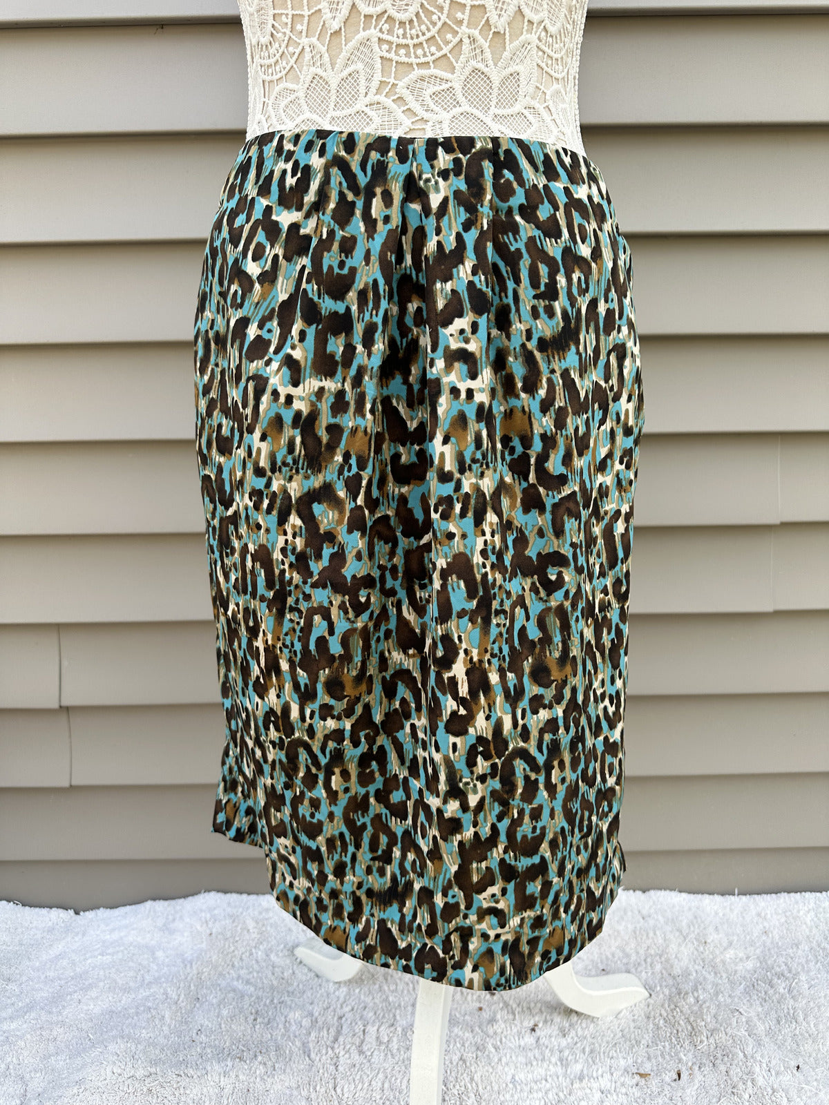 Ellen Tracy Leopard Print Midi Skirt Blue Brown Black Animal Print