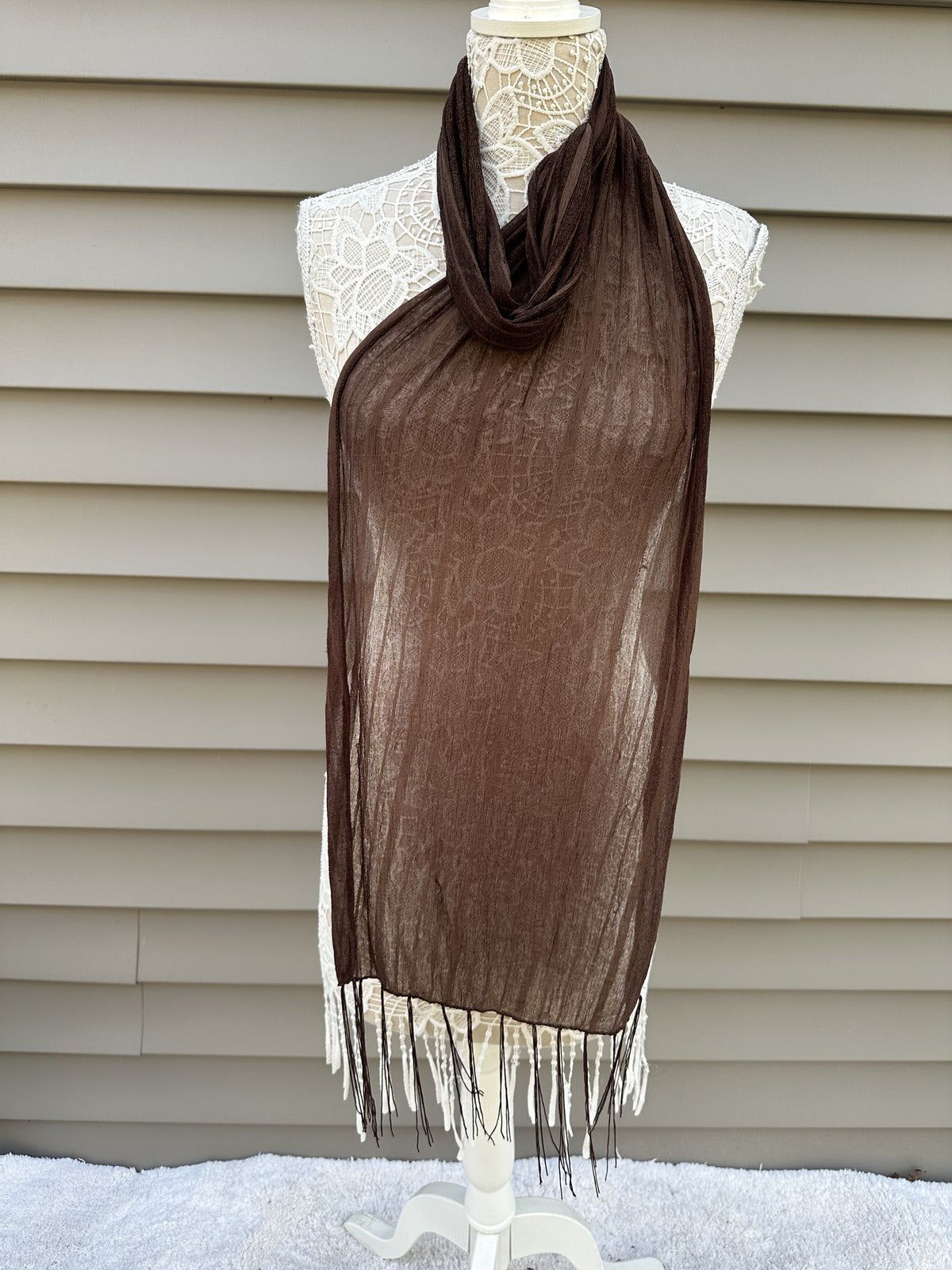 Brown Sheer Polyester Scarf with Fringe Tassels Lightweight and Boho