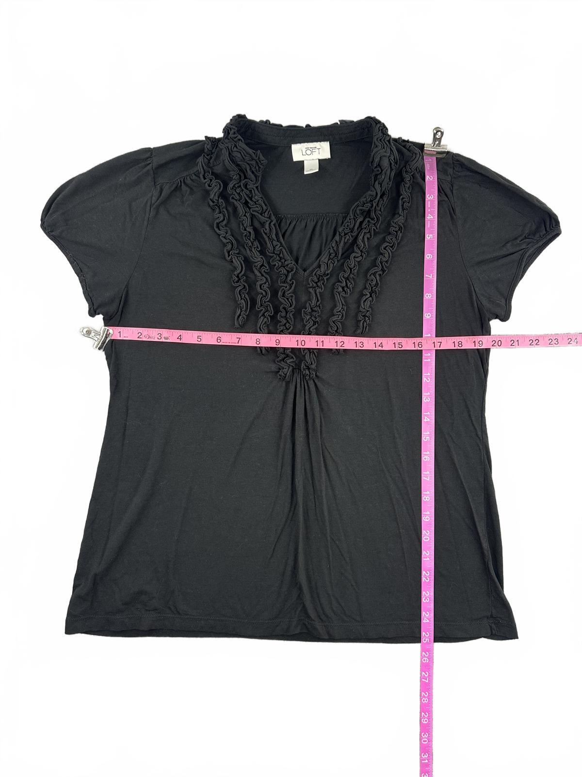 Ann Taylor LOFT Black Ruffle V-Neck Short Sleeve Top Feminine Casual Style