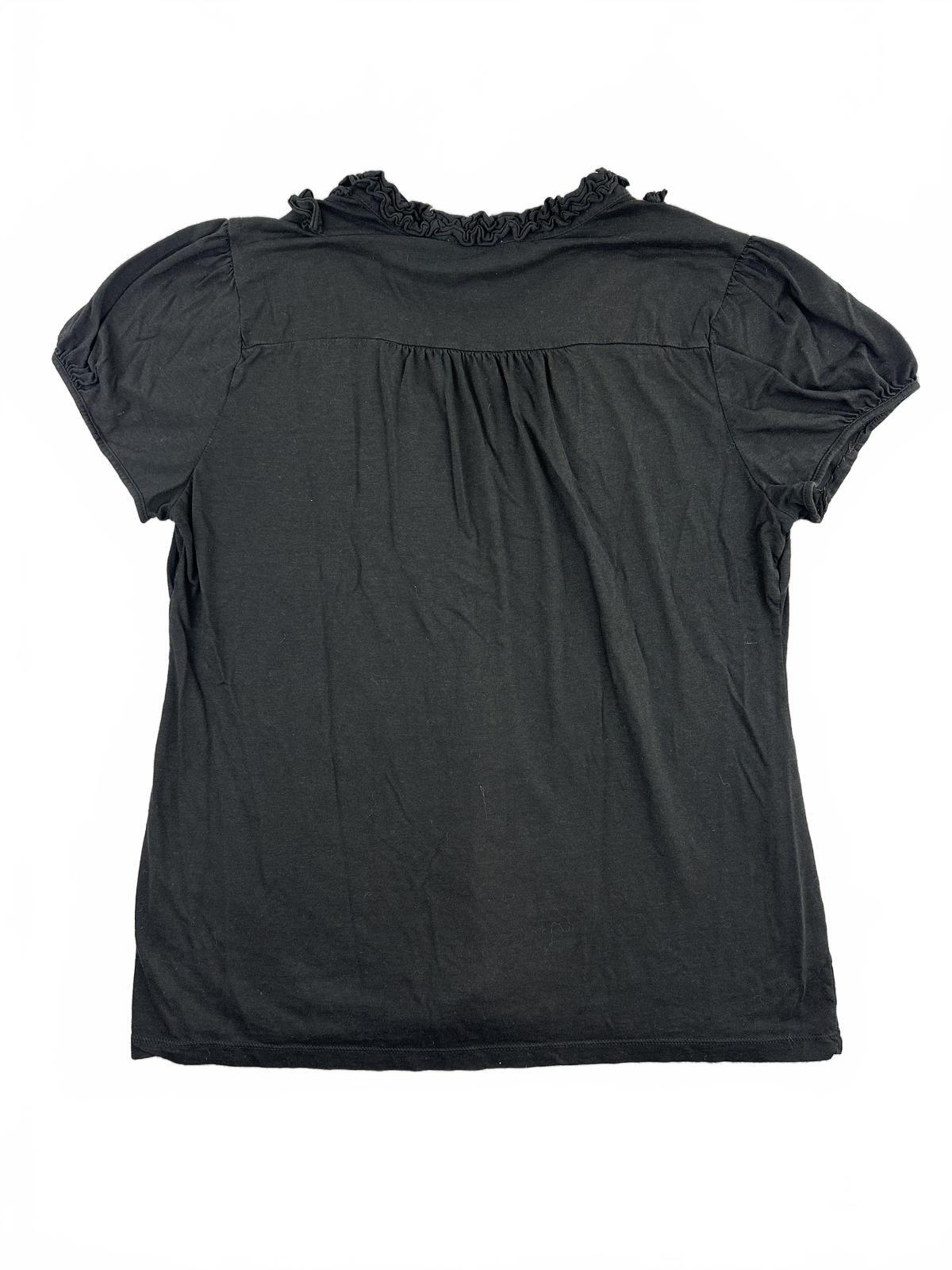 Ann Taylor LOFT Black Ruffle V-Neck Short Sleeve Top Feminine Casual Style
