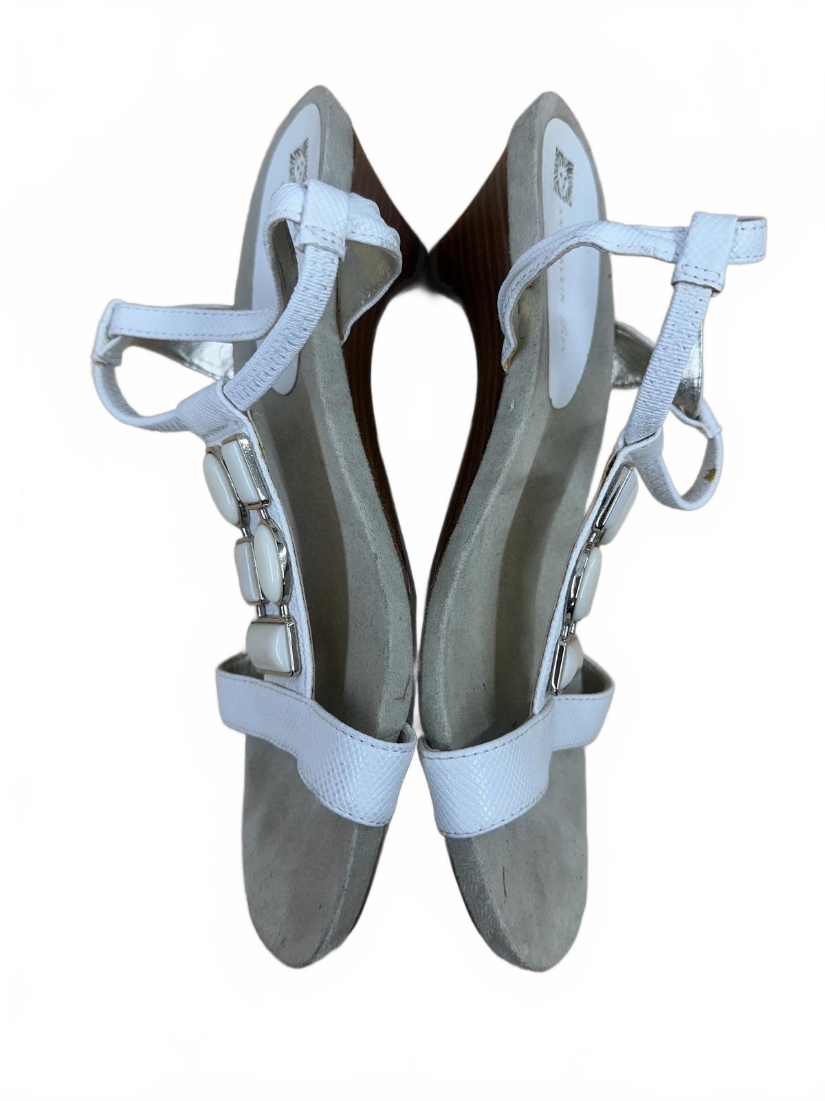 Anne Klein White Sandals with Gemstone Embellishments and Kitten Heel