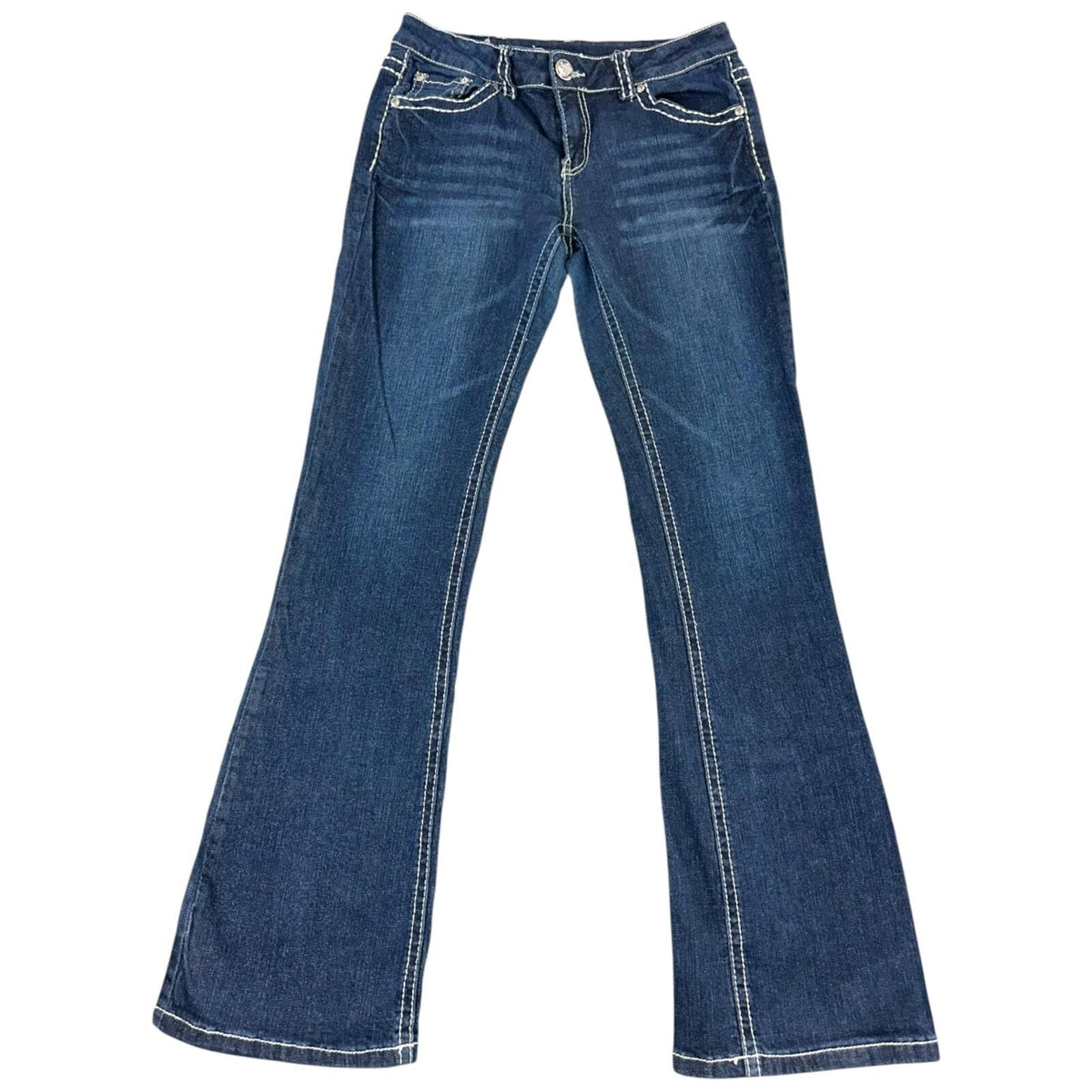 Denim Couture Blue Flare Jeans with Fleur de Lis Embroidered Pockets